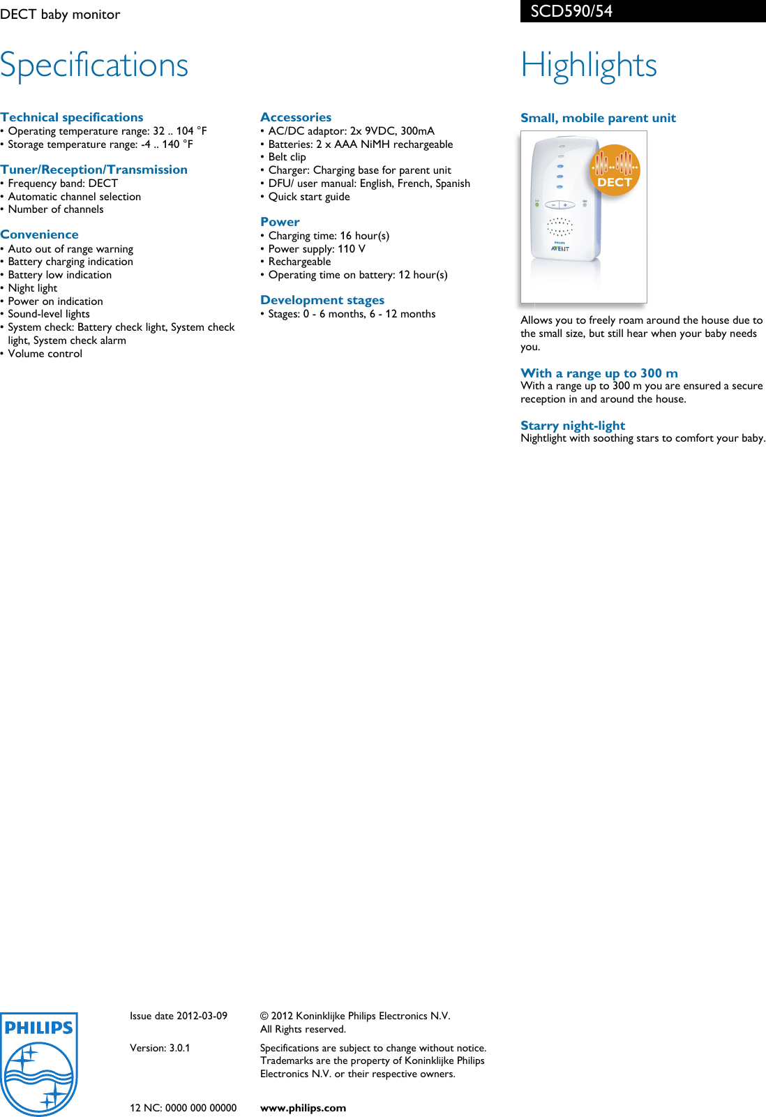 Page 2 of 2 - Philips SCD590/54 DECT Baby Monitor User Manual Leaflet Scd590 54 Pss Aenus