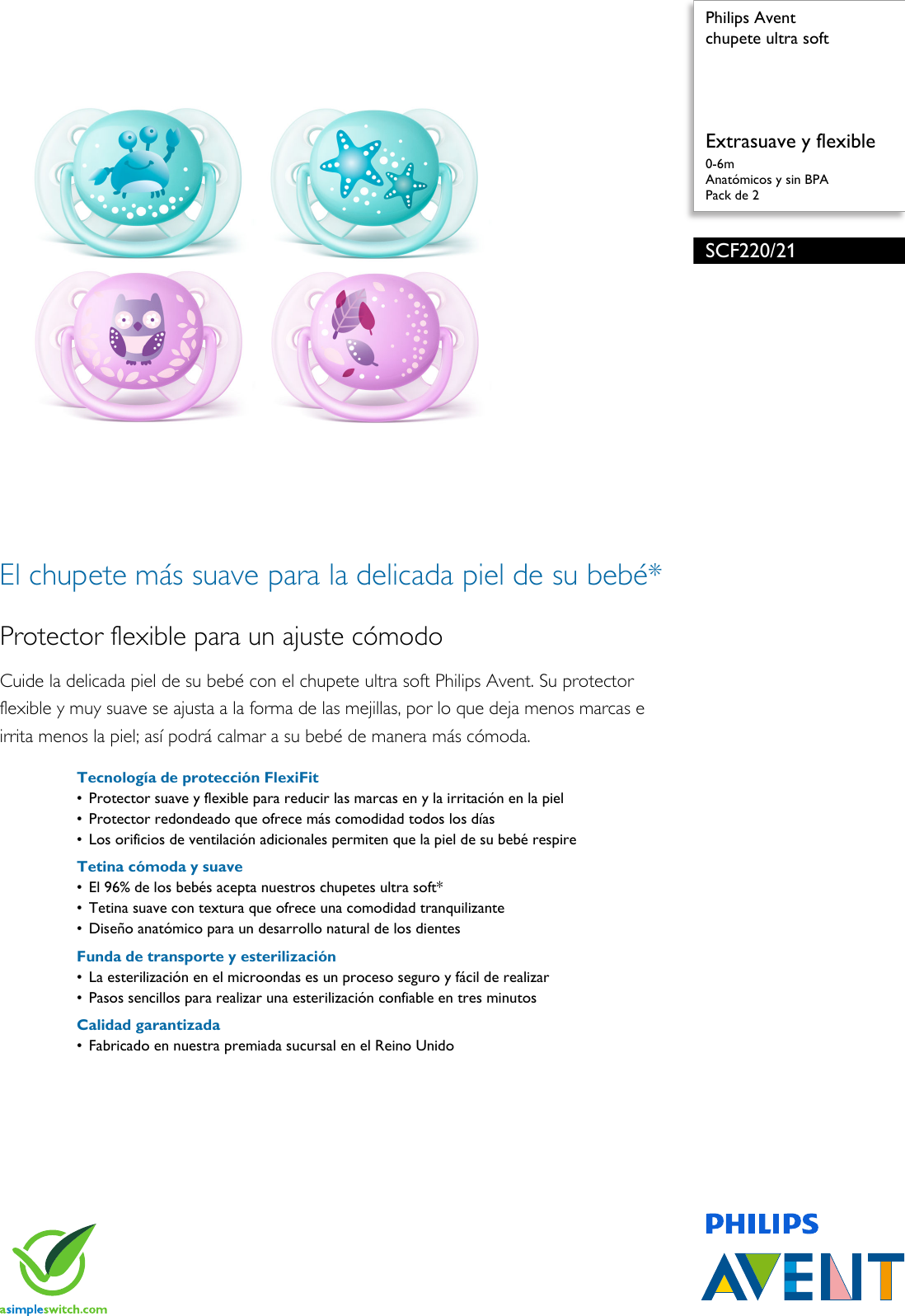 Page 1 of 3 - Philips SCF220/21 Chupete Ultra Soft User Manual Folleto Scf220 21 Pss Lsppa