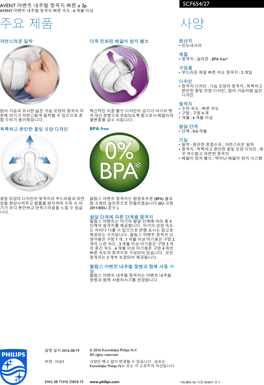 Philips Scf654 27 Avent 아벤트 내추럴 젖꼭지 빠른 X 2p User Manual 팜플렛 Scf654 27 Pss Korkr