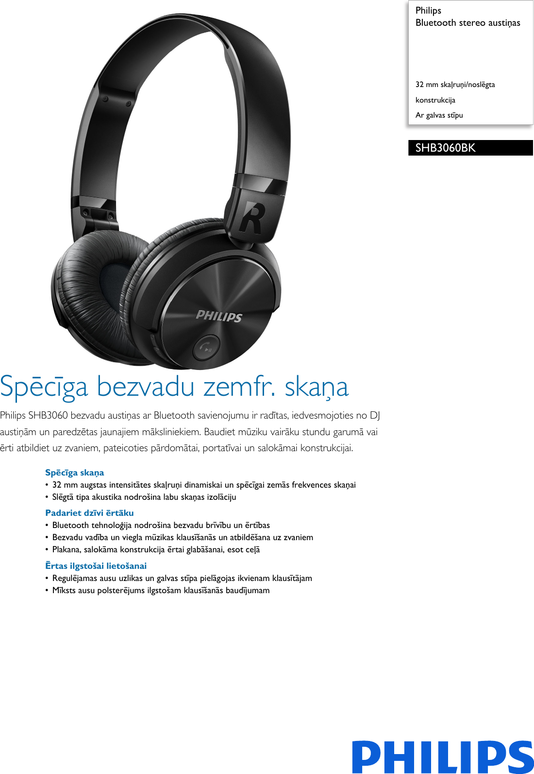 Page 1 of 2 - Philips SHB3060BK/00 Bluetooth Stereo Austiņas User Manual Brošūra Shb3060bk 00 Pss Lavlv