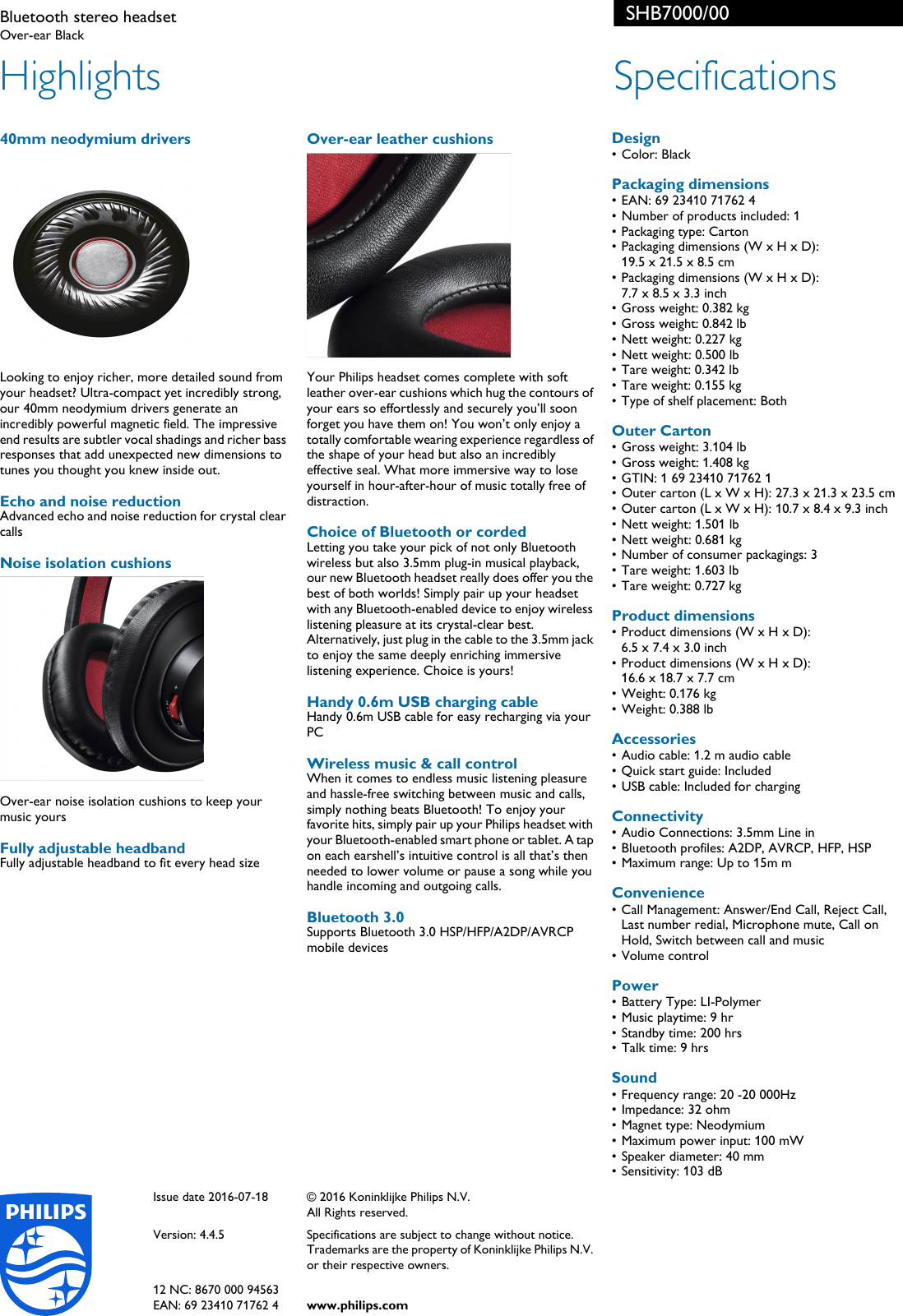 Page 2 of 2 - Philips SHB7000/00 Bluetooth Stereo Headset User Manual Karta Produktowa Shb7000 00 Pss