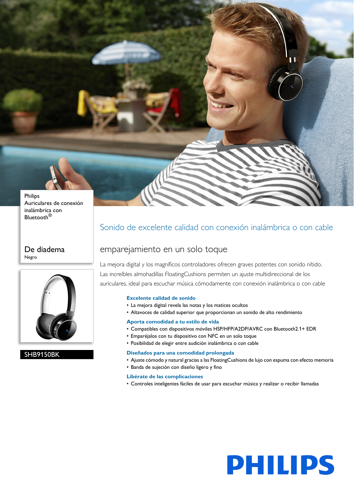 Page 1 of 3 - Philips SHB9150BK/00 Auriculares De Conexión Inalámbrica Con Bluetooth® User Manual Folleto Shb9150bk 00 Pss Espes