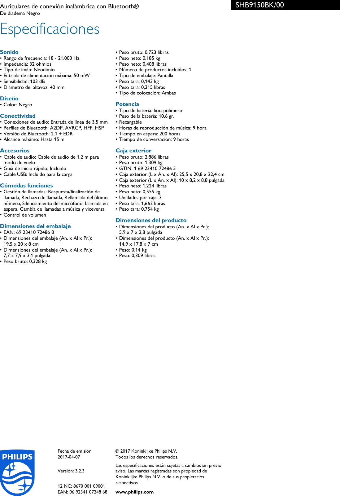 Page 3 of 3 - Philips SHB9150BK/00 Auriculares De Conexión Inalámbrica Con Bluetooth® User Manual Folleto Shb9150bk 00 Pss Espes