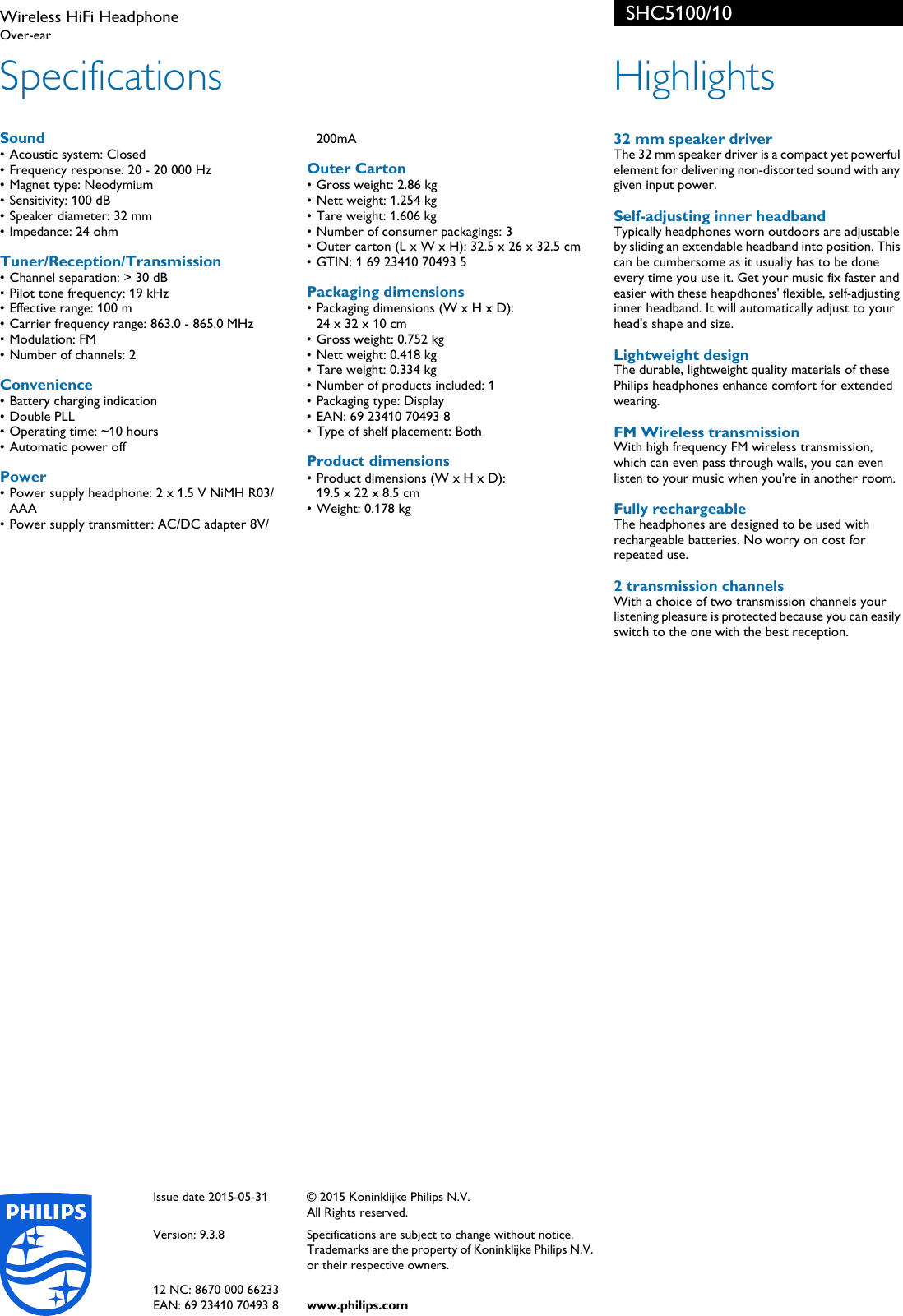 Page 2 of 2 - Philips SHC5100/10 Wireless HiFi Headphone User Manual Leaflet Shc5100 10 Pss Engza