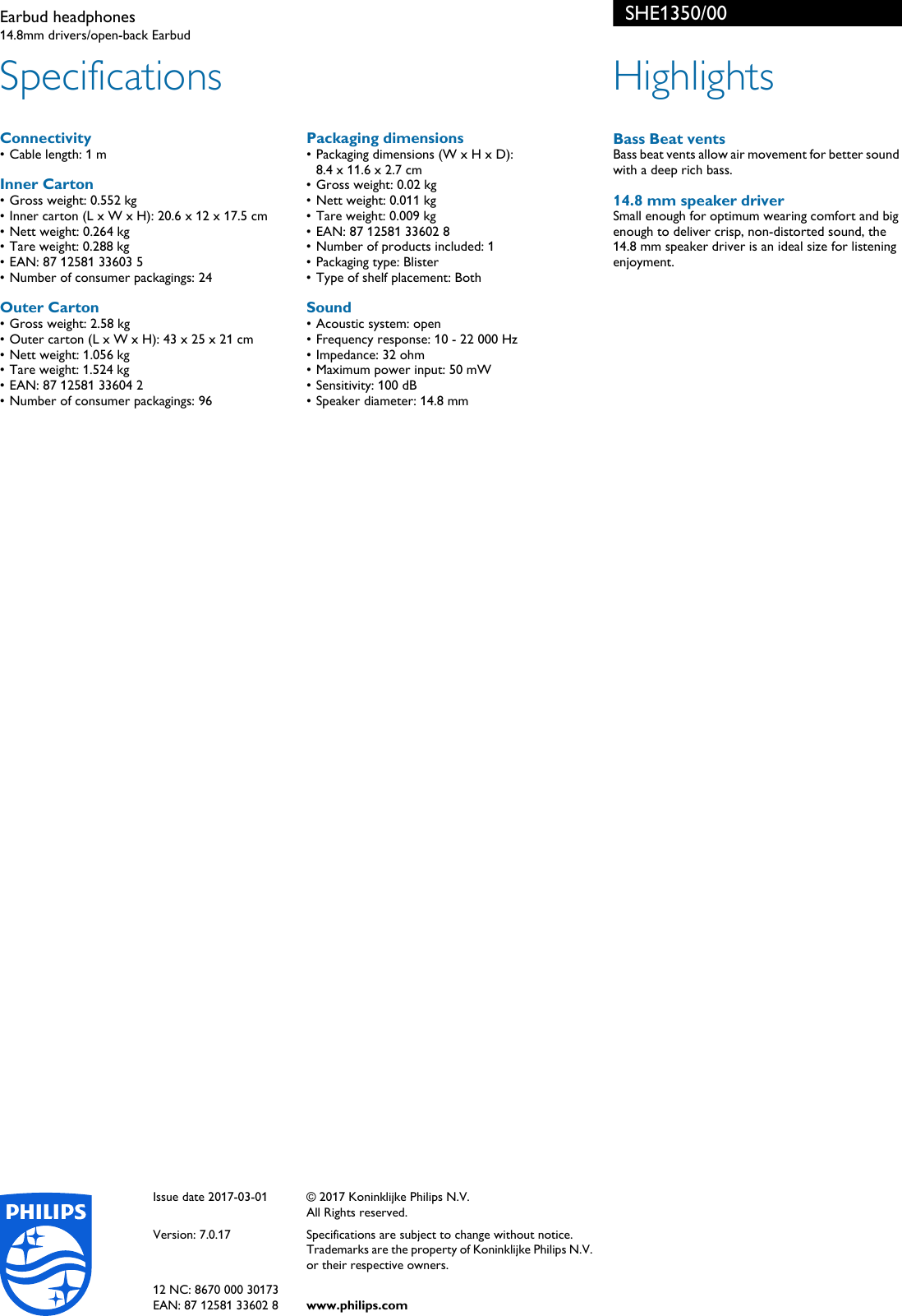 Page 2 of 2 - Philips SHE1350/00 Earbud Headphones User Manual Leaflet She1350 00 Pss Aenin
