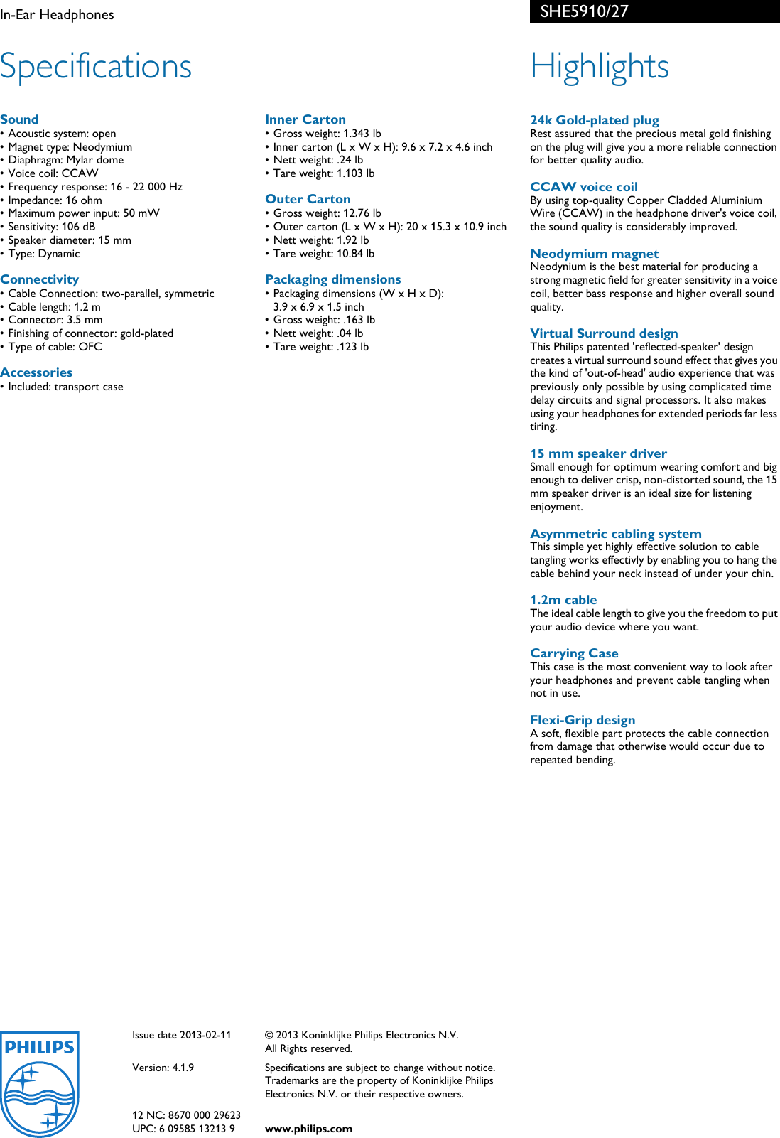 Page 2 of 2 - Philips SHE5910/27 In-Ear Headphones User Manual Leaflet She5910 27 Pss Aenus