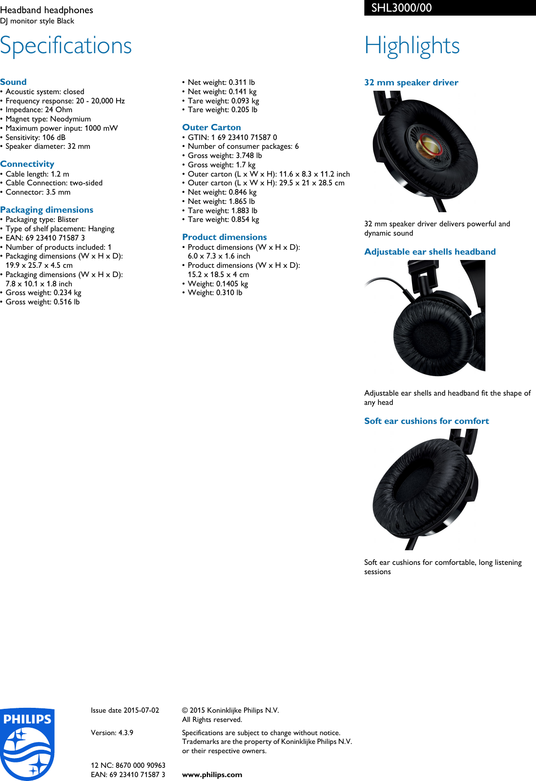 Page 2 of 2 - Philips SHL3000/00 Headband Headphones User Manual Leaflet Shl3000 00 Pss Enggb