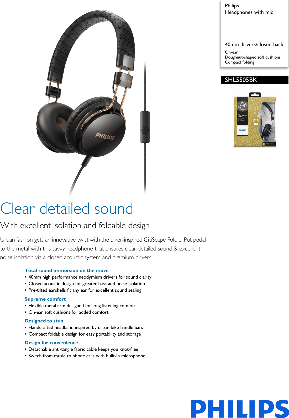 Page 1 of 3 - Philips SHL5505BK/00 Headphones With Mic User Manual Broschyr Shl5505bk 00 Pss