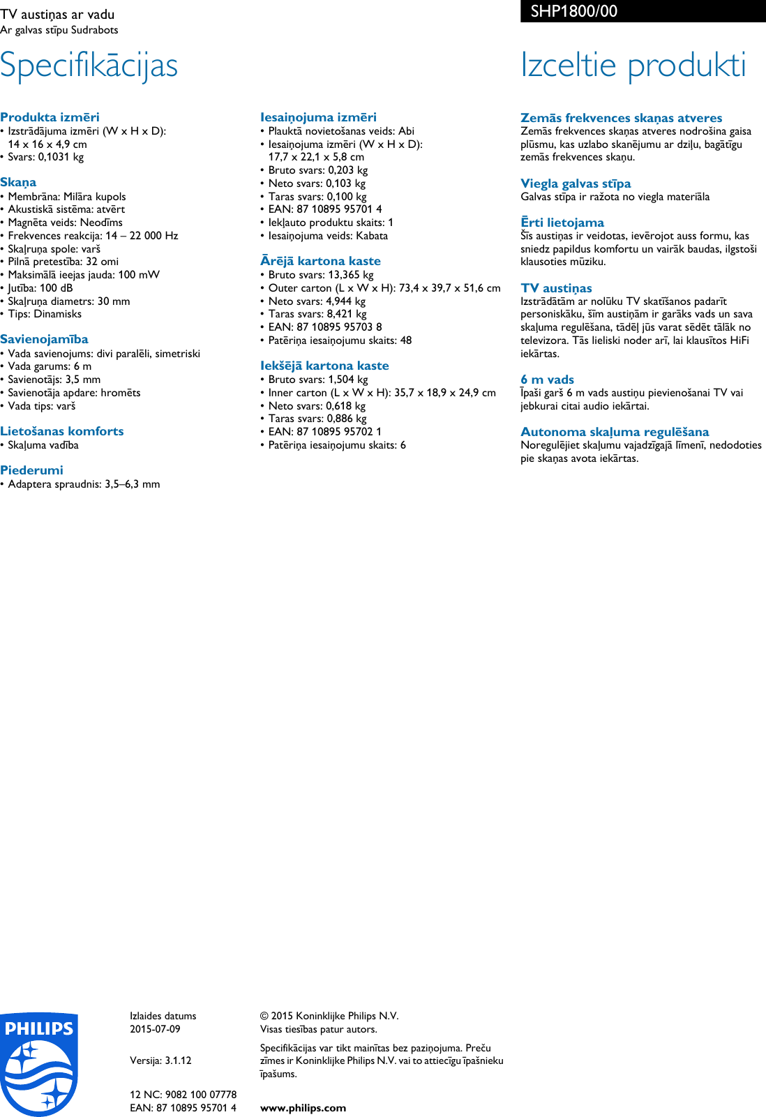 Page 2 of 2 - Philips SHP1800/00 Leaflet SHP1800_00 Released Latvia (Latvian)  User Manual Brošūra Shp1800 00 Pss Lavlv