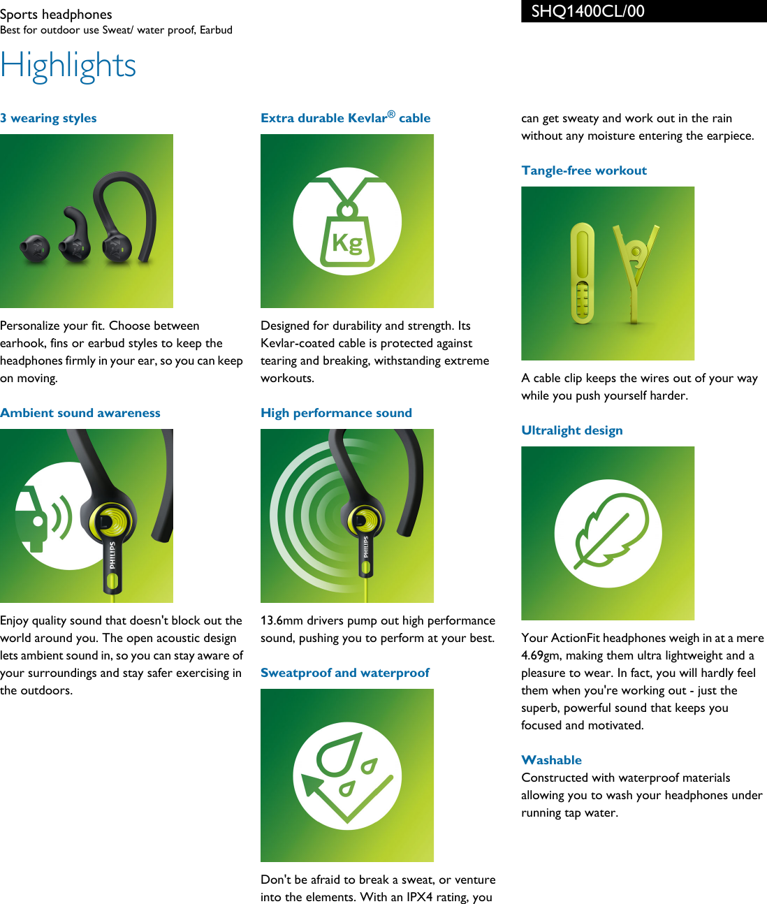 Page 2 of 3 - Philips SHQ1400CL/00 Sports Headphones User Manual Leaflet Shq1400cl 00 Pss Engnz