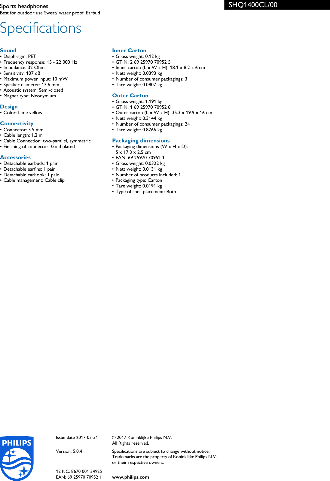 Page 3 of 3 - Philips SHQ1400CL/00 Sports Headphones User Manual Leaflet Shq1400cl 00 Pss Engnz