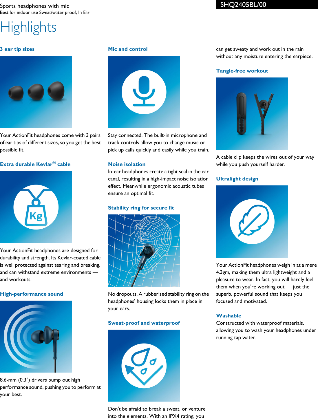 Page 2 of 3 - Philips SHQ2405BL/00 Sports Headphones With Mic User Manual Leaflet Shq2405bl 00 Pss Enggb