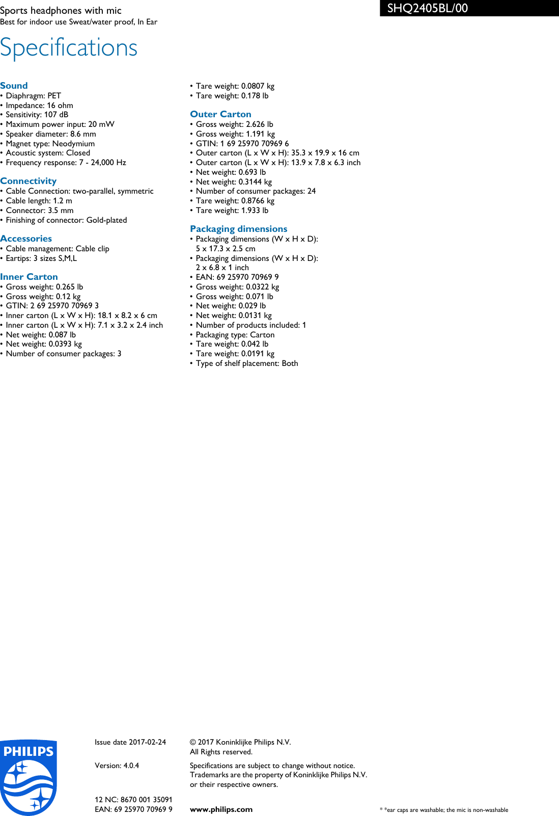 Page 3 of 3 - Philips SHQ2405BL/00 Sports Headphones With Mic User Manual Leaflet Shq2405bl 00 Pss Enggb