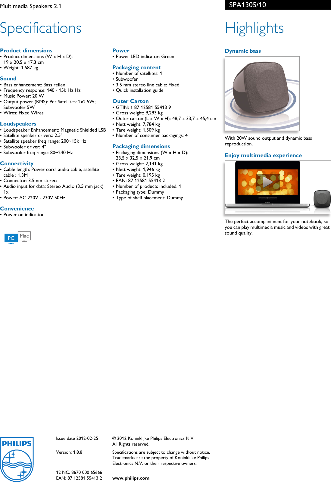 Page 2 of 2 - Philips SPA1305/10 Multimedia Speakers 2.1 User Manual Leaflet Spa1305 10 Pss Aenhk