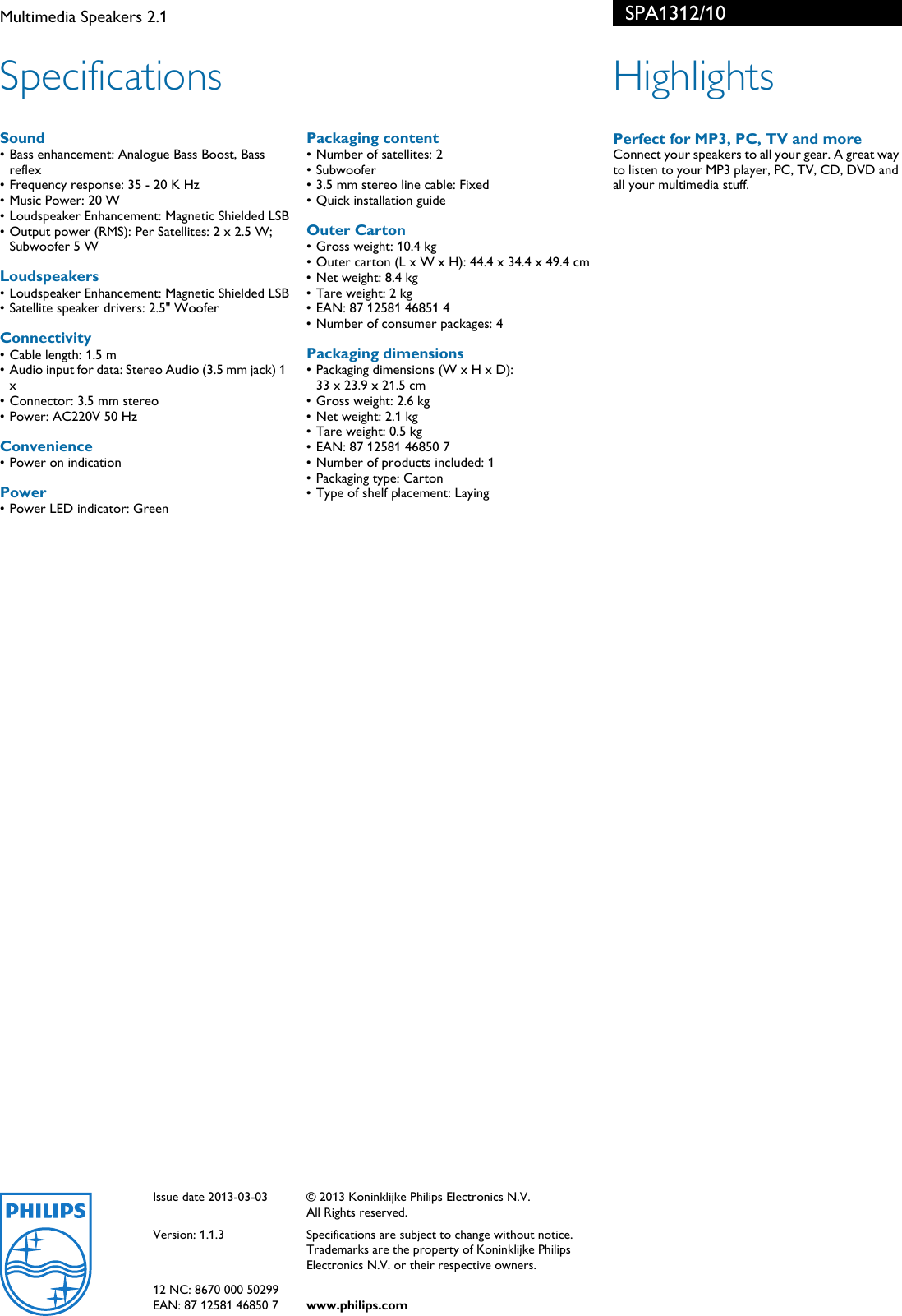 Page 2 of 2 - Philips SPA1312/10 Multimedia Speakers 2.1 User Manual Leaflet Spa1312 10 Pss Engie