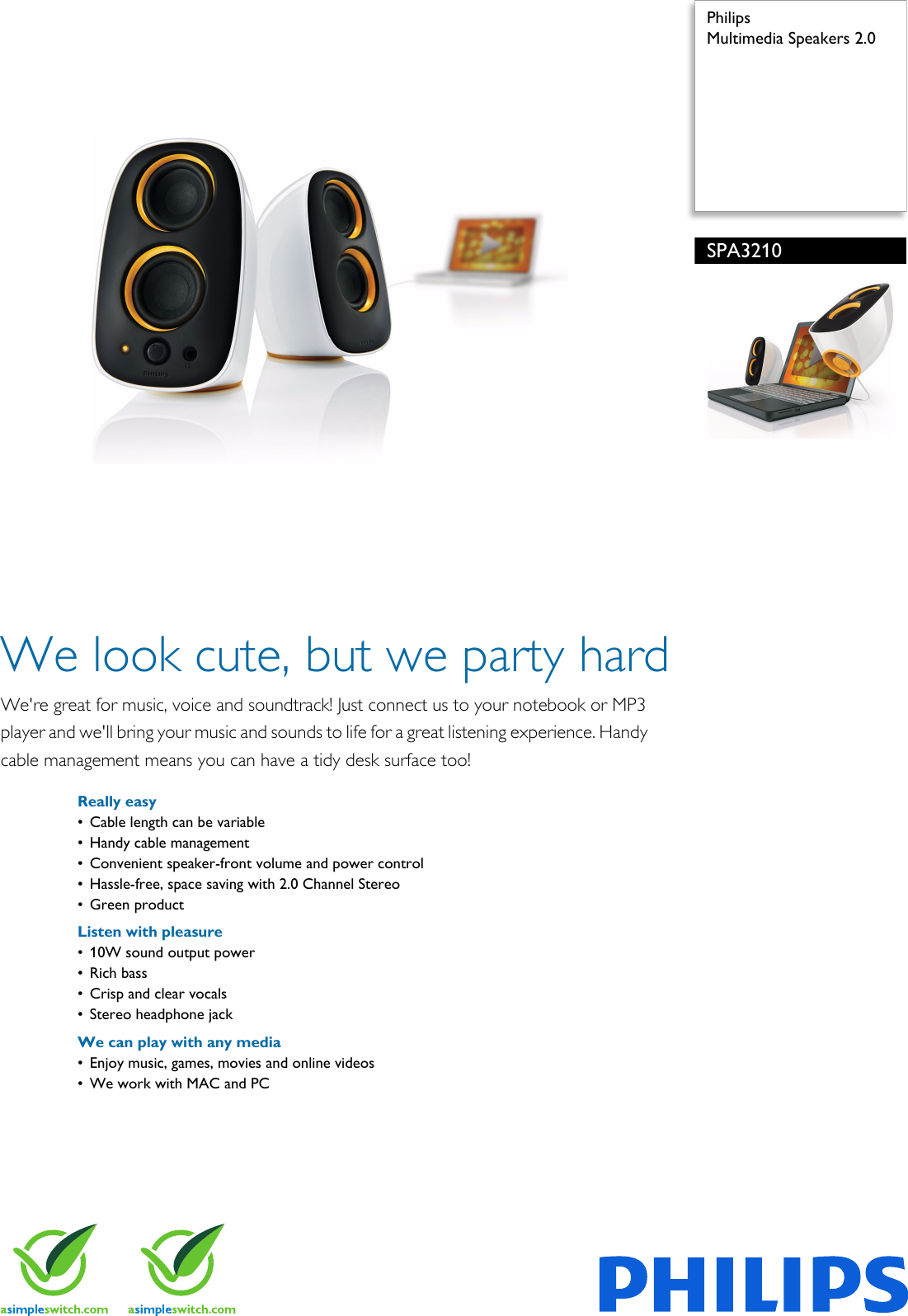 Page 1 of 2 - Philips SPA3210/27 Multimedia Speakers 2.0 User Manual Leaflet Spa3210 27 Pss Aenus