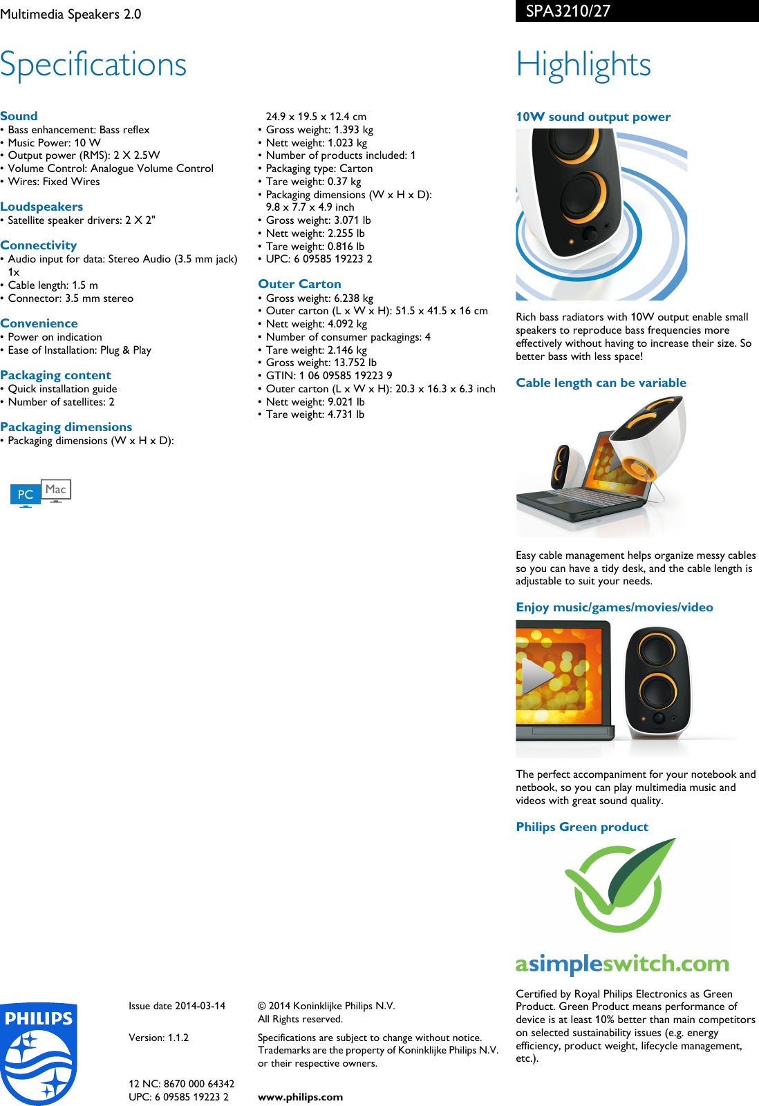 Page 2 of 2 - Philips SPA3210/27 Multimedia Speakers 2.0 User Manual Leaflet Spa3210 27 Pss Aenus