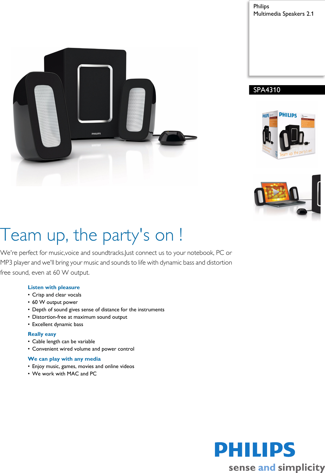 Page 1 of 2 - Philips SPA4310/10 Multimedia Speakers 2.1 User Manual Leaflet Spa4310 10 Pss Enggb