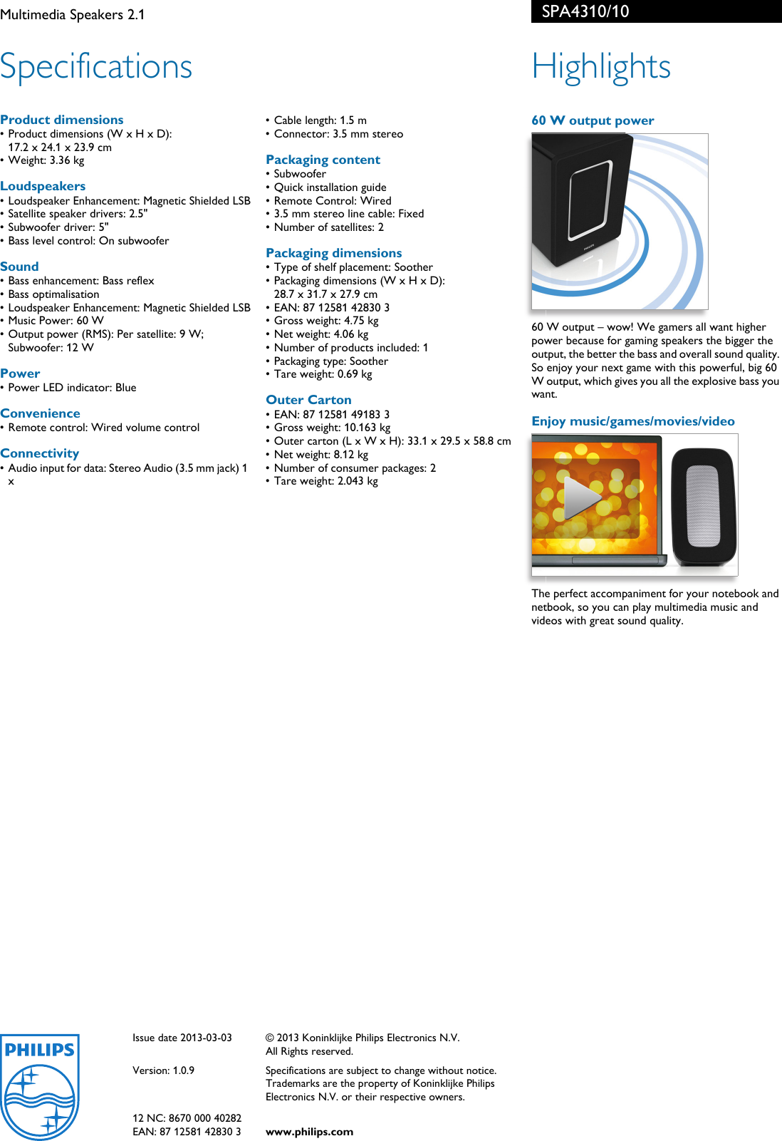 Page 2 of 2 - Philips SPA4310/10 Multimedia Speakers 2.1 User Manual Leaflet Spa4310 10 Pss Enggb
