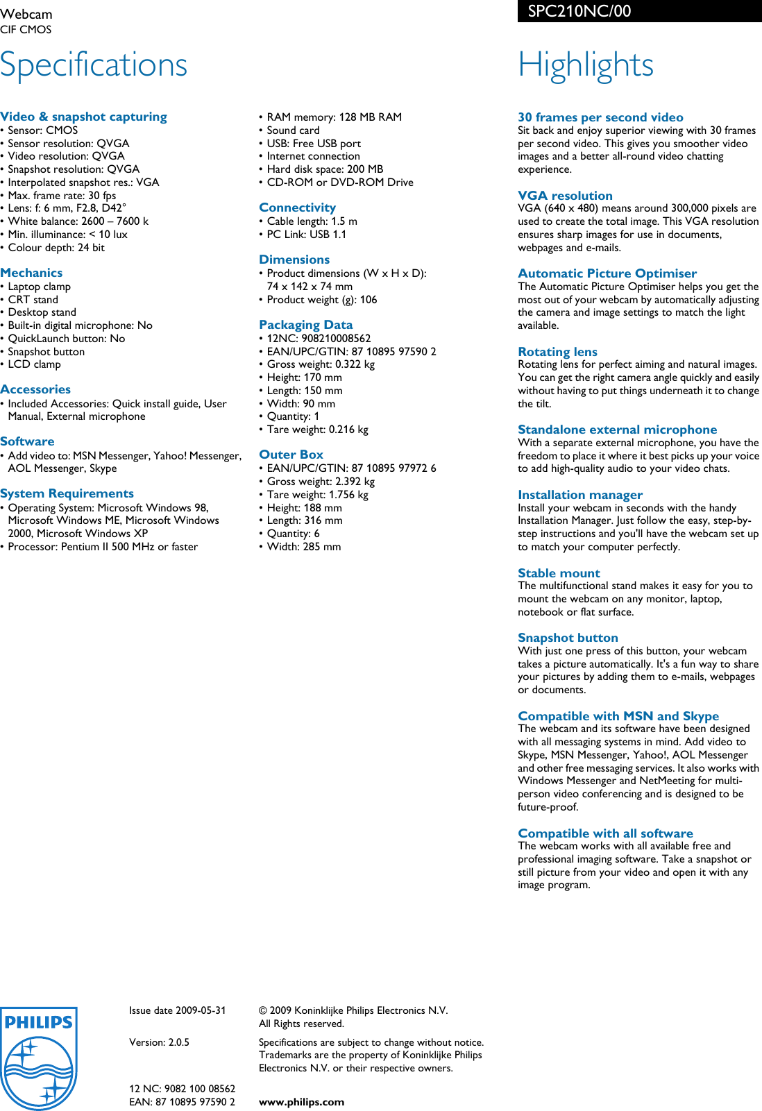 Page 2 of 2 - Philips SPC210NC/00 Webcam User Manual Leaflet Spc210nc 00 Pss Engsg