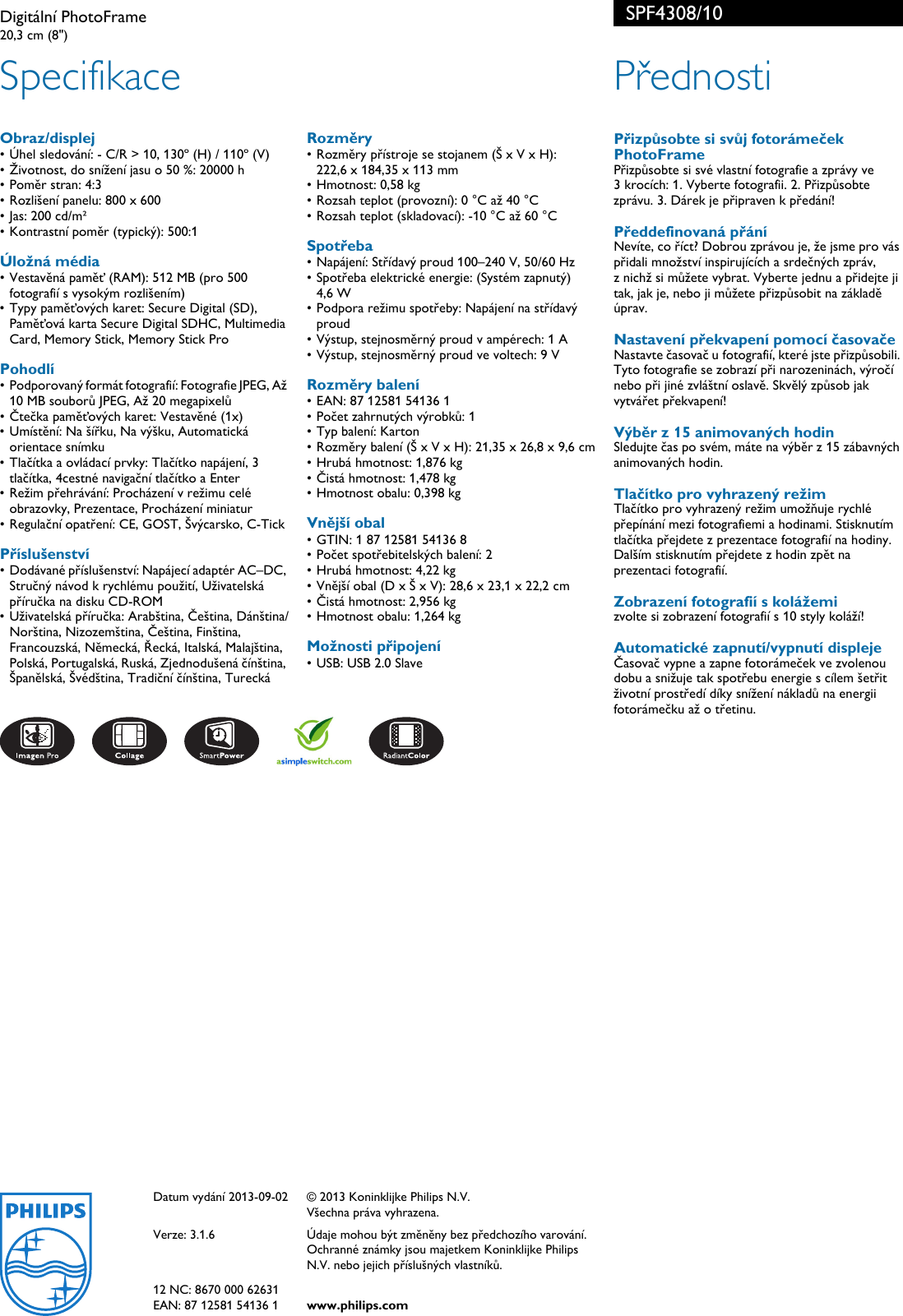 Philips SPF4308/10 Leaflet SPF4308_10 Released Czech Republic (Czech