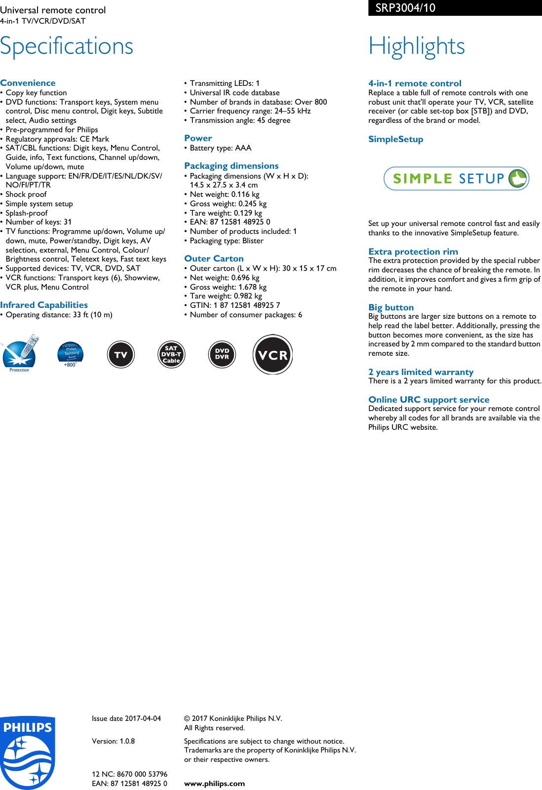 Page 2 of 2 - Philips SRP3004/10 Universal Remote Control User Manual Leaflet Srp3004 10 Pss Engie