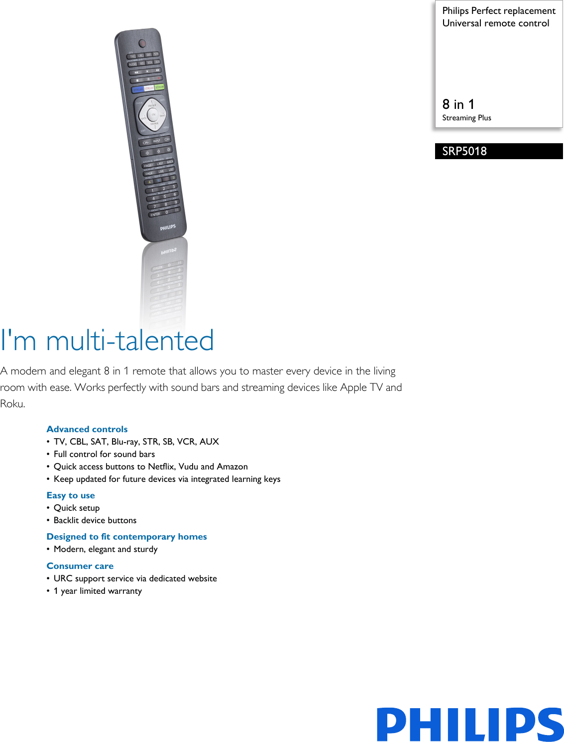 Page 1 of 2 - Philips SRP5018/27 Universal Remote Control User Manual Leaflet Srp5018 27 Pss Aenus
