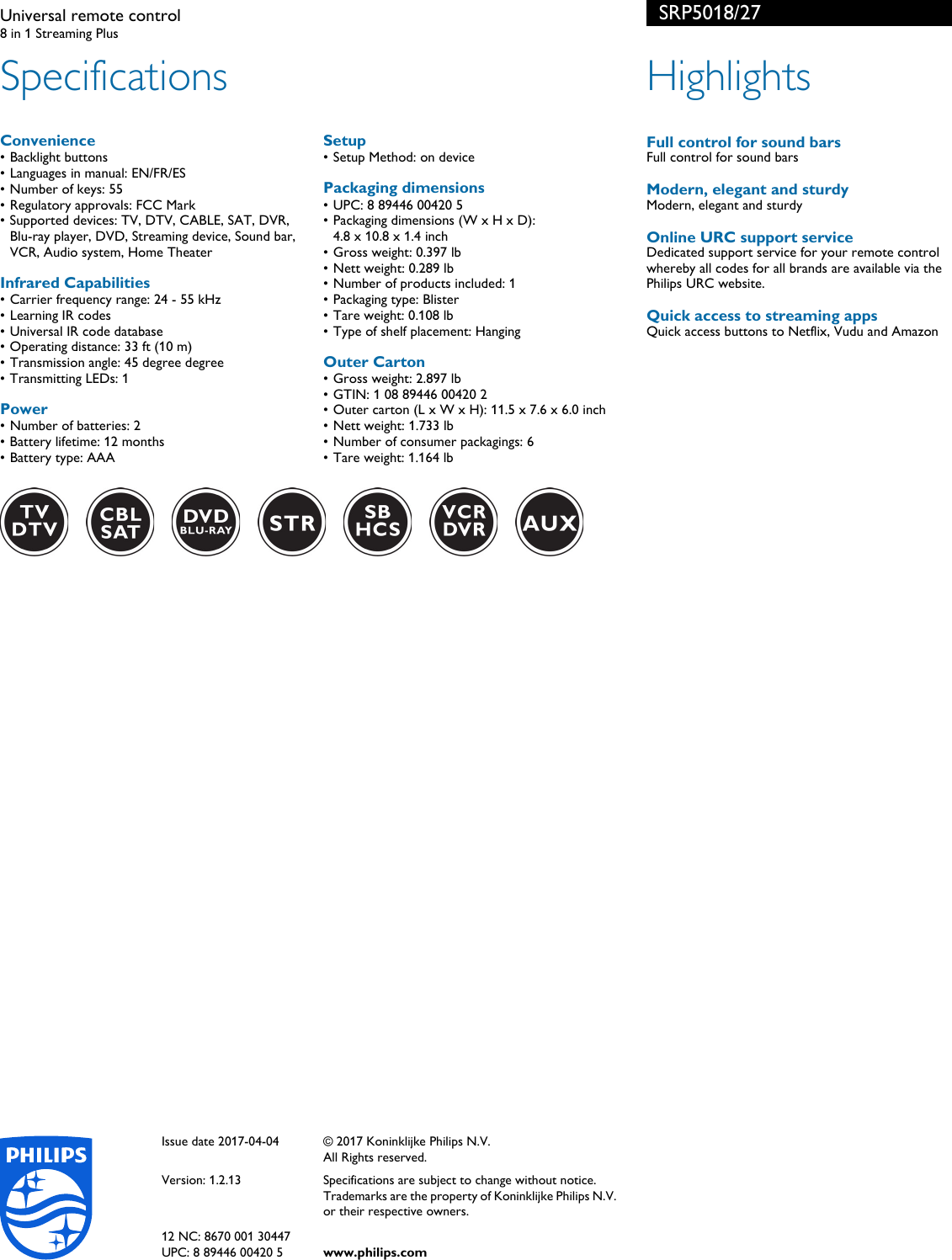 Page 2 of 2 - Philips SRP5018/27 Universal Remote Control User Manual Leaflet Srp5018 27 Pss Aenus