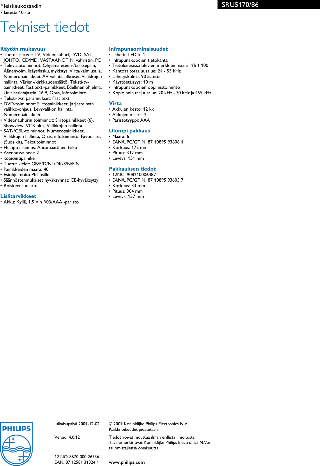 Page 3 of 3 - Philips SRU5170/86 Yleiskaukosäädin User Manual Esite Sru5170 86 Pss Finfi
