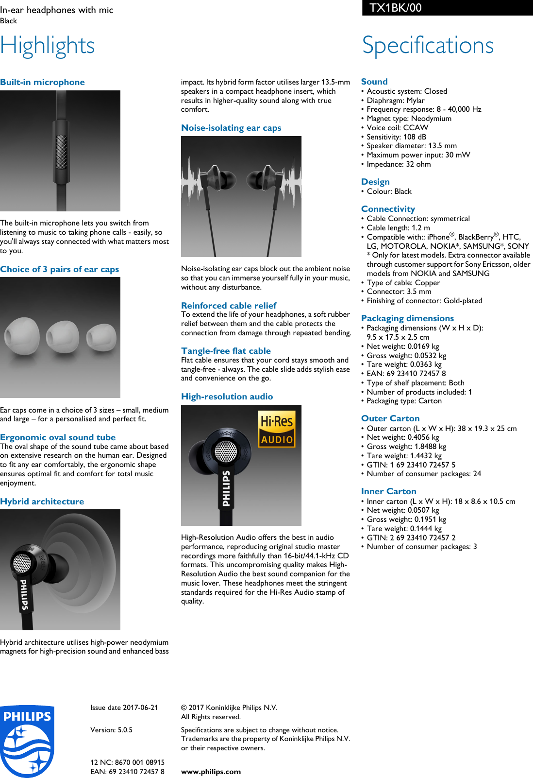 Page 2 of 2 - Philips TX1BK/00 In-ear Headphones With Mic User Manual Leaflet Tx1bk 00 Pss Enggb