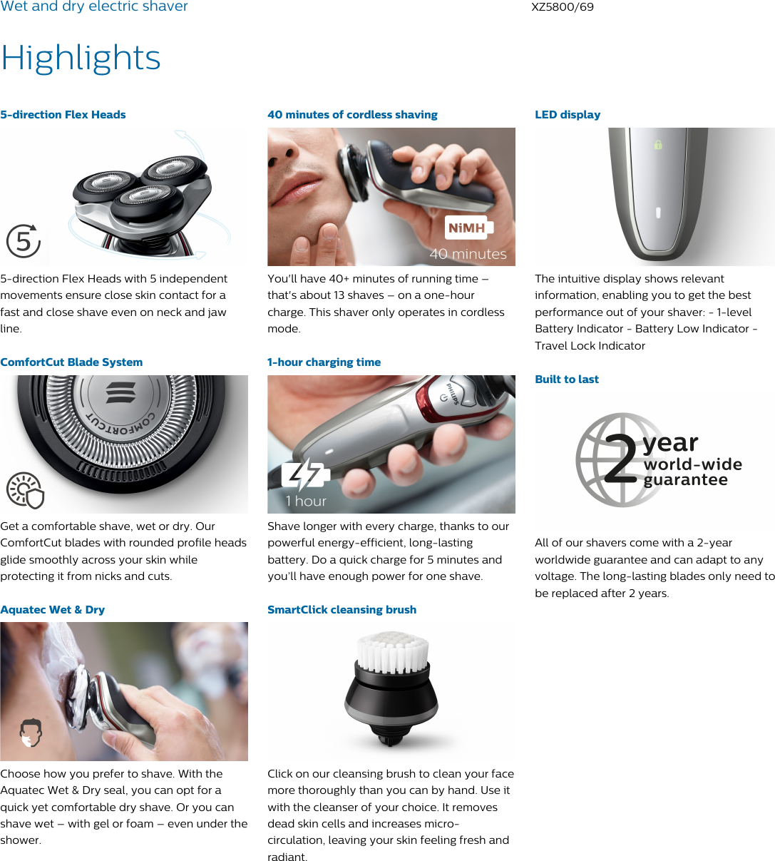 Page 2 of 3 - Philips XZ5800/69 Wet And Dry Electric Shaver With Aquatec & User Manual Leaflet Xz5800 69 Pss