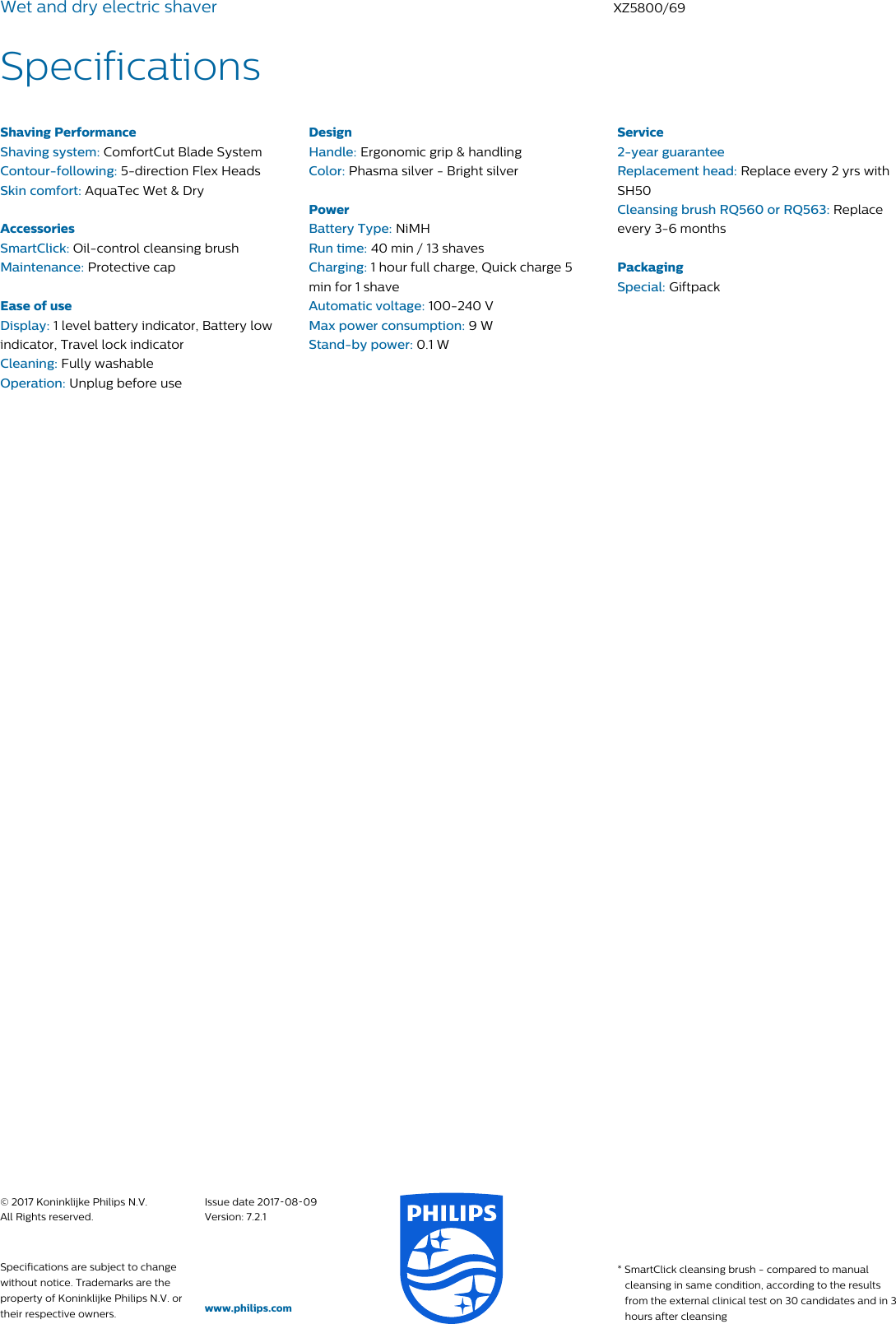 Page 3 of 3 - Philips XZ5800/69 Wet And Dry Electric Shaver With Aquatec & User Manual Leaflet Xz5800 69 Pss