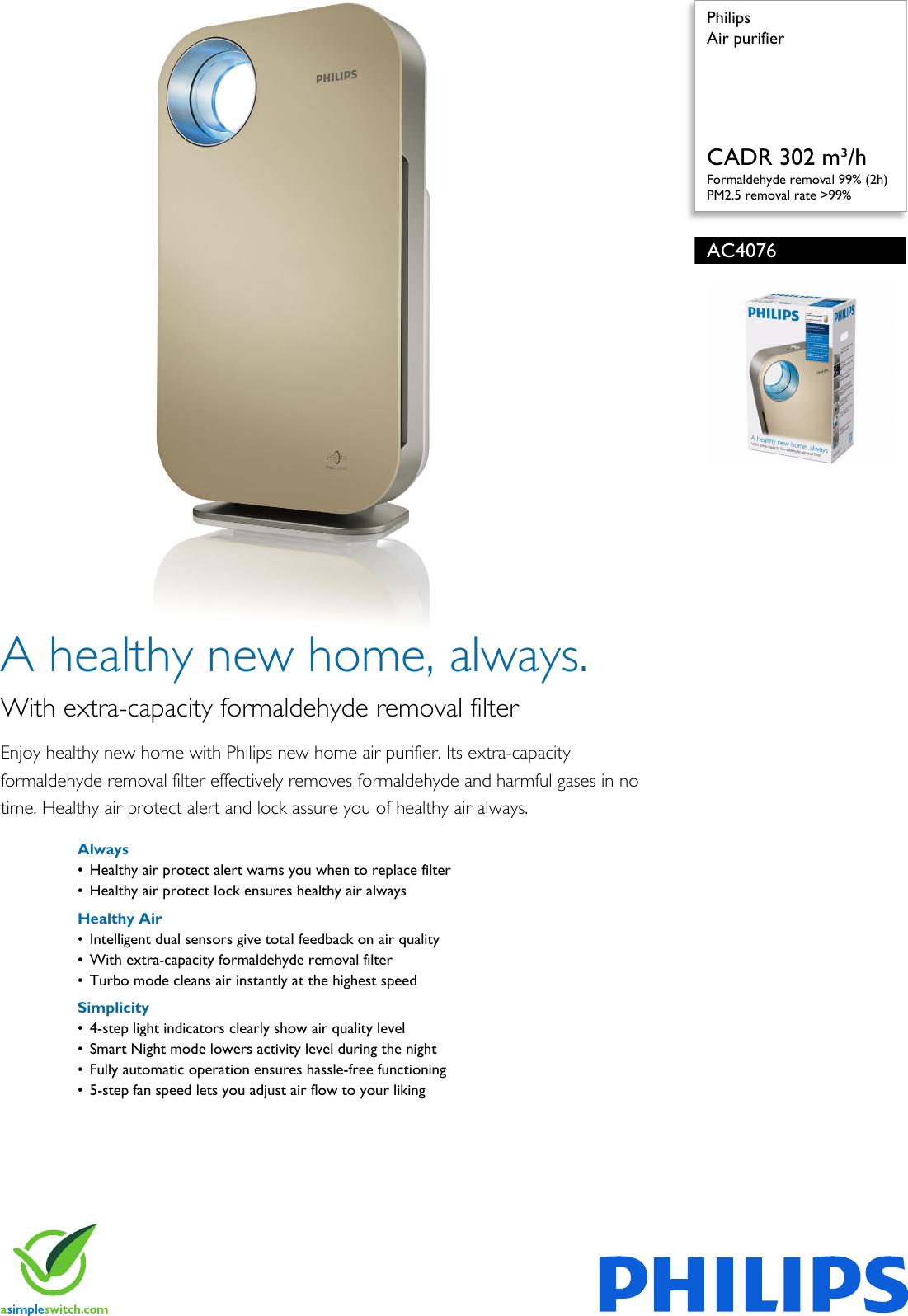 Page 1 of 2 - Philips AC4076/30 Air Purifier Ac4076 30 Pss Aenhk