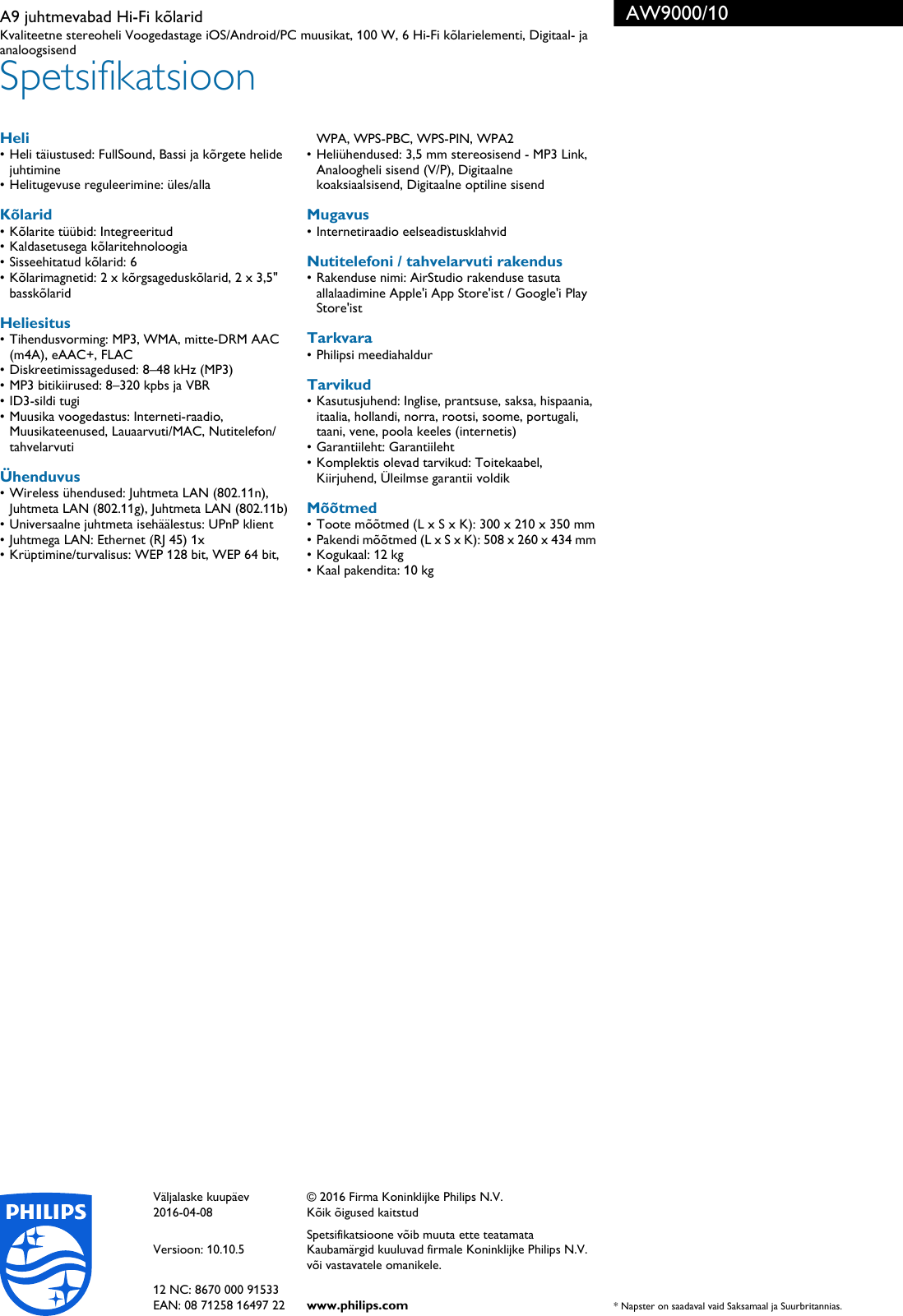 Philips AW9000/10 A9 Juhtmevabad Hi Fi Kõlarid KÃµlarid Aw9000 10 Pss Estee