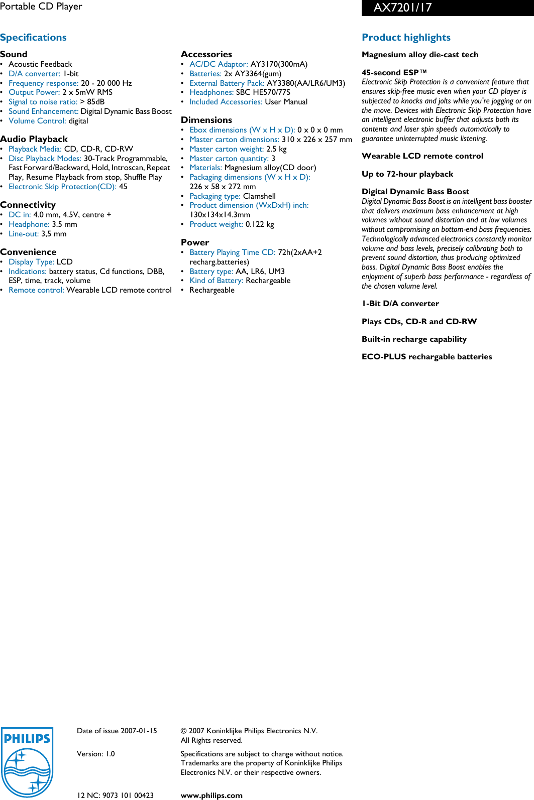 Page 2 of 2 - Philips AX7201/17 Portable CD Player Leaflet Ax7201 17 Pss Aenus