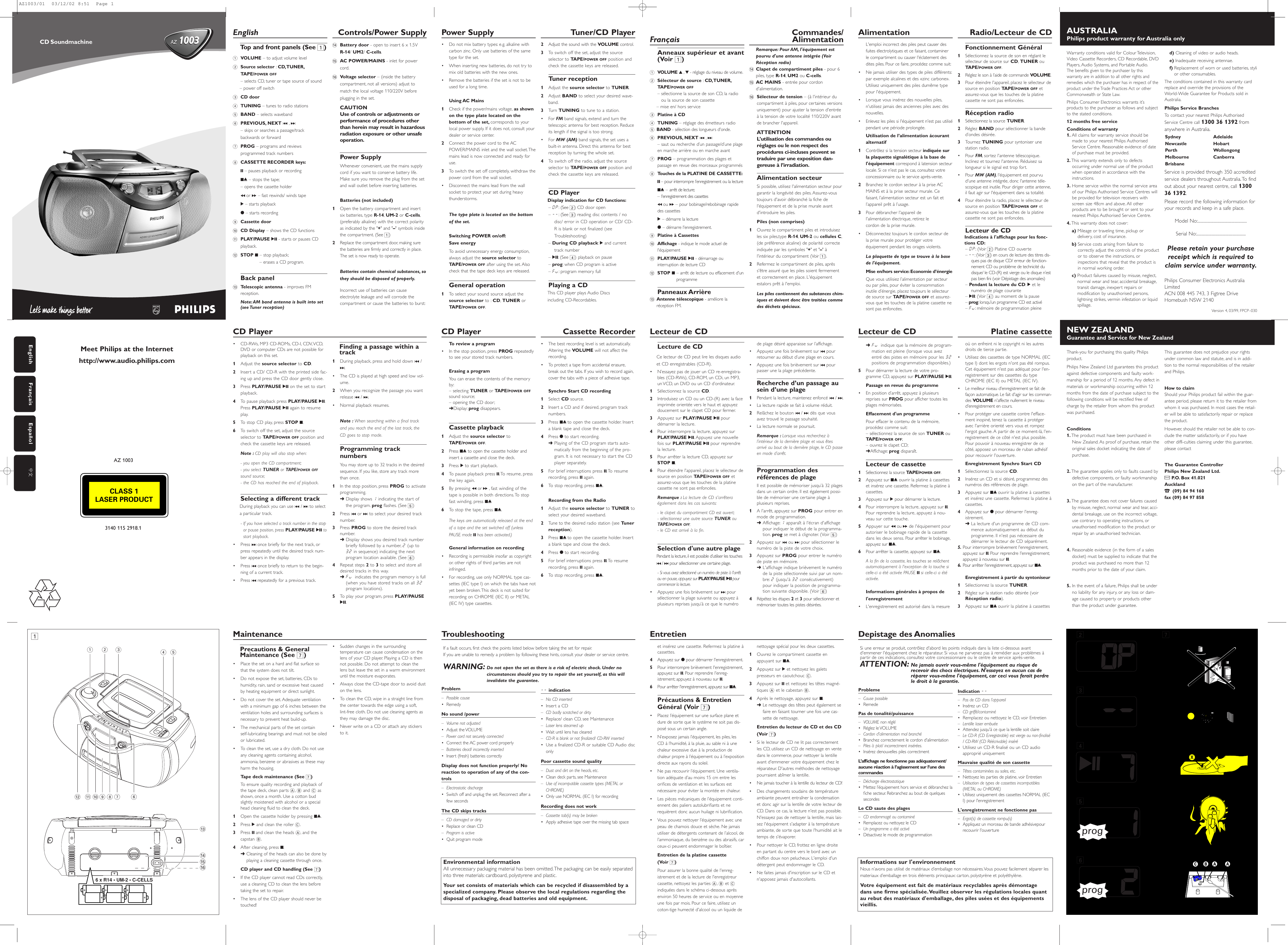 Page 1 of 7 - Philips AZ1003/01 User Manual Az1003 01 Dfu Fra