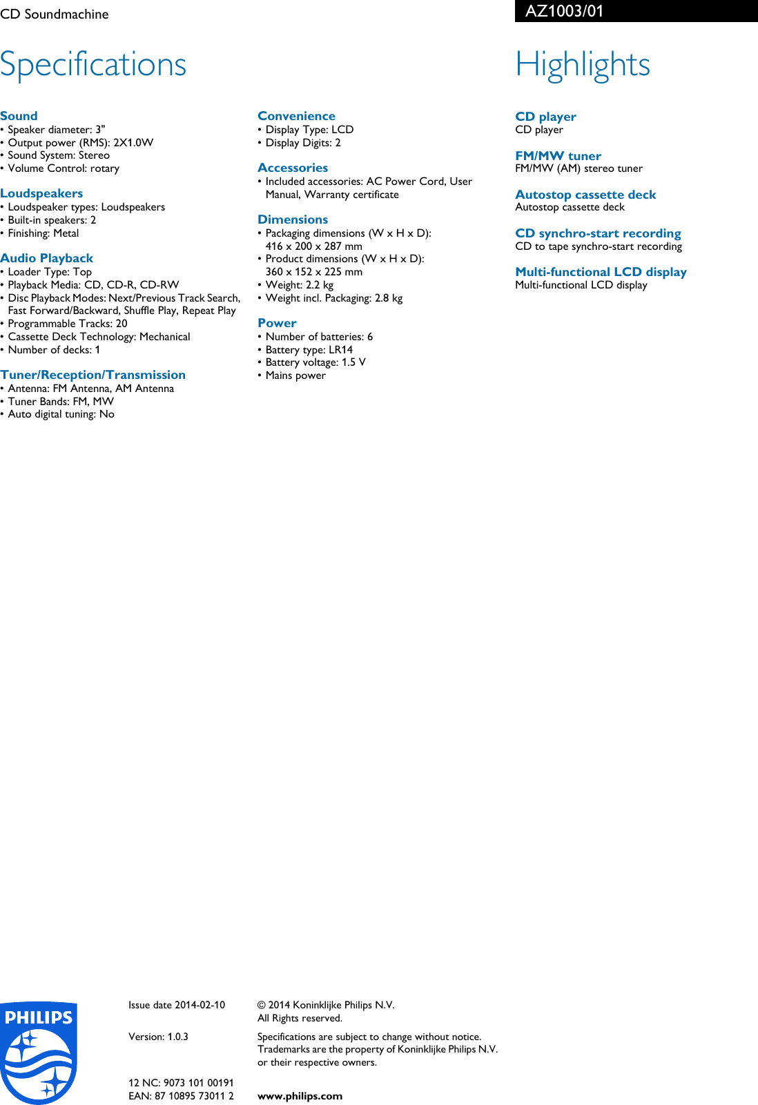 Page 2 of 2 - Philips AZ1003/01 CD Soundmachine Leaflet Az1003 01 Pss