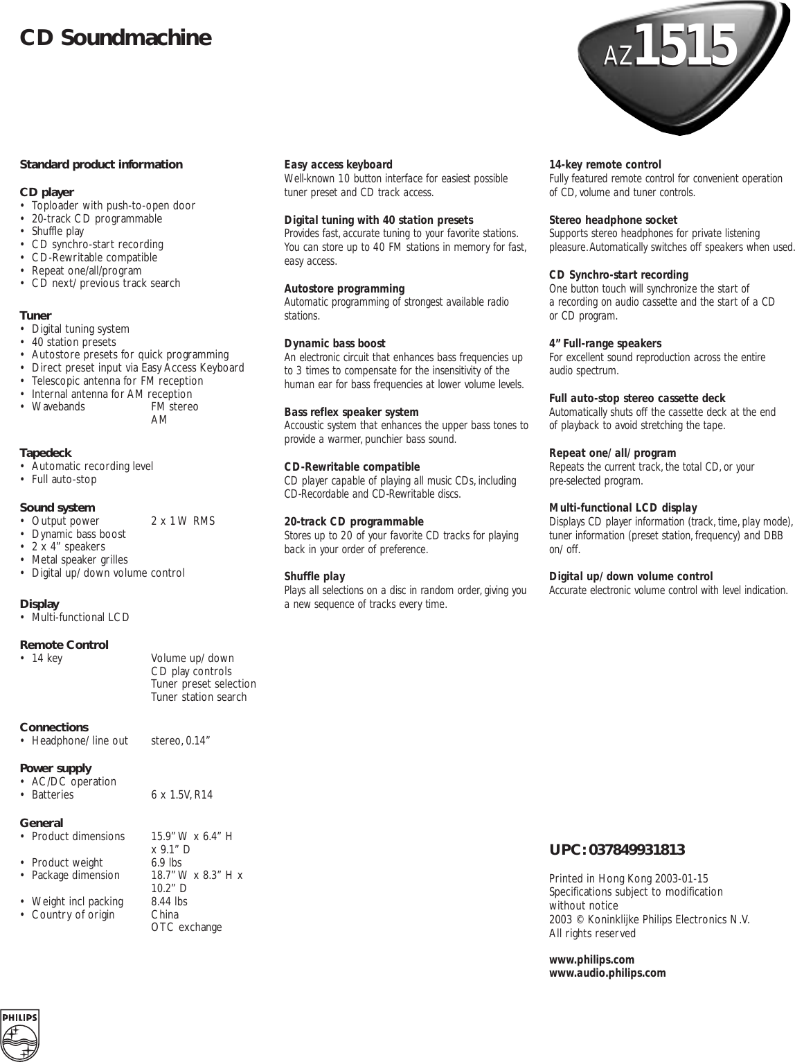 Page 2 of 2 - Philips LF_AZ1515_usa Az1515 98 Pss Aenus