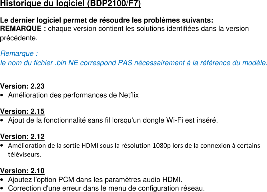 Philips BDP2100_F7 (V2_23) FHI_FRAx 版本說明 Bdp2100 F7 Fhi Cfr