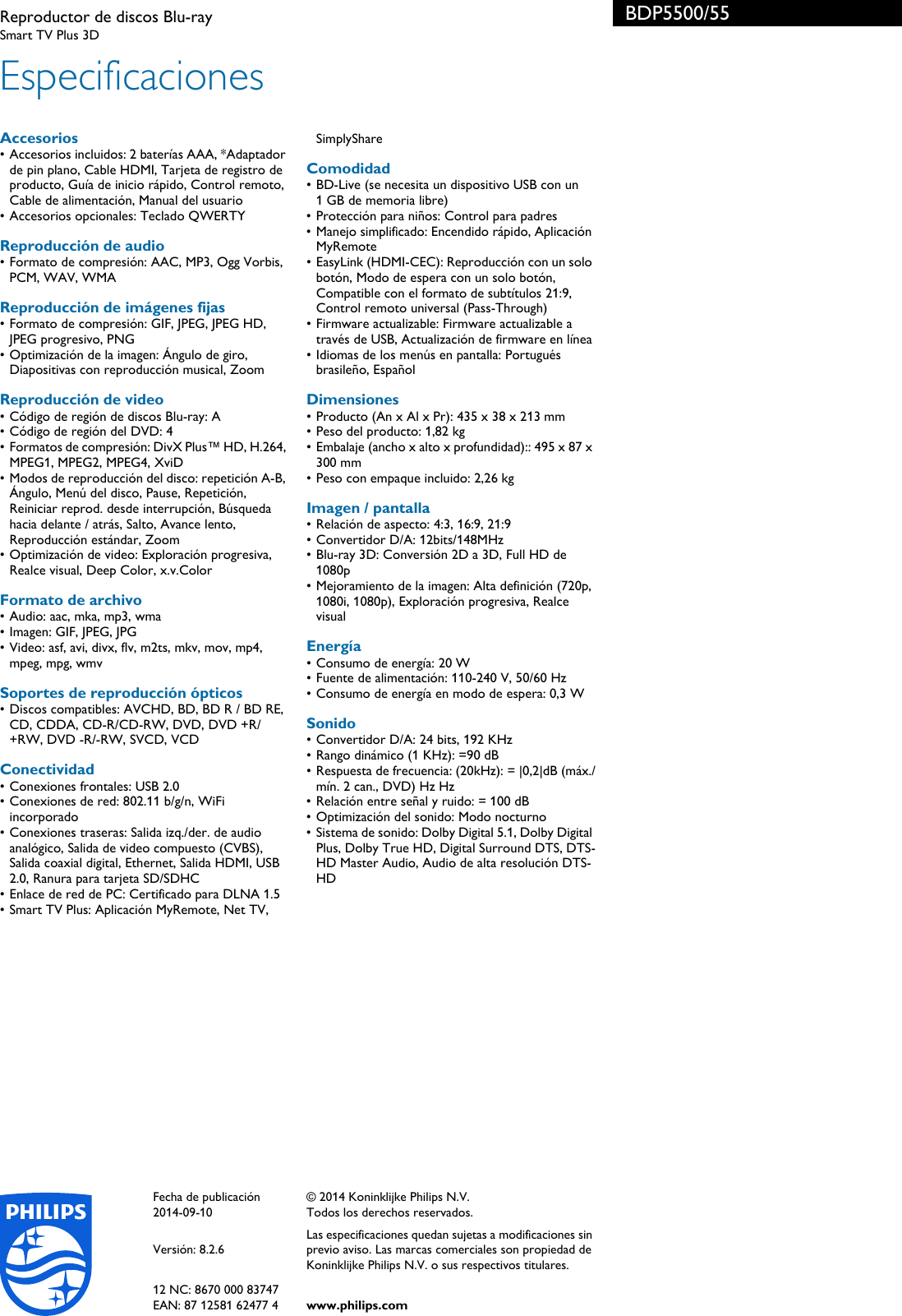 Page 3 of 3 - Philips BDP5500/55 Reproductor De Discos Blu-ray Folleto Bdp5500 55 Pss Lspco