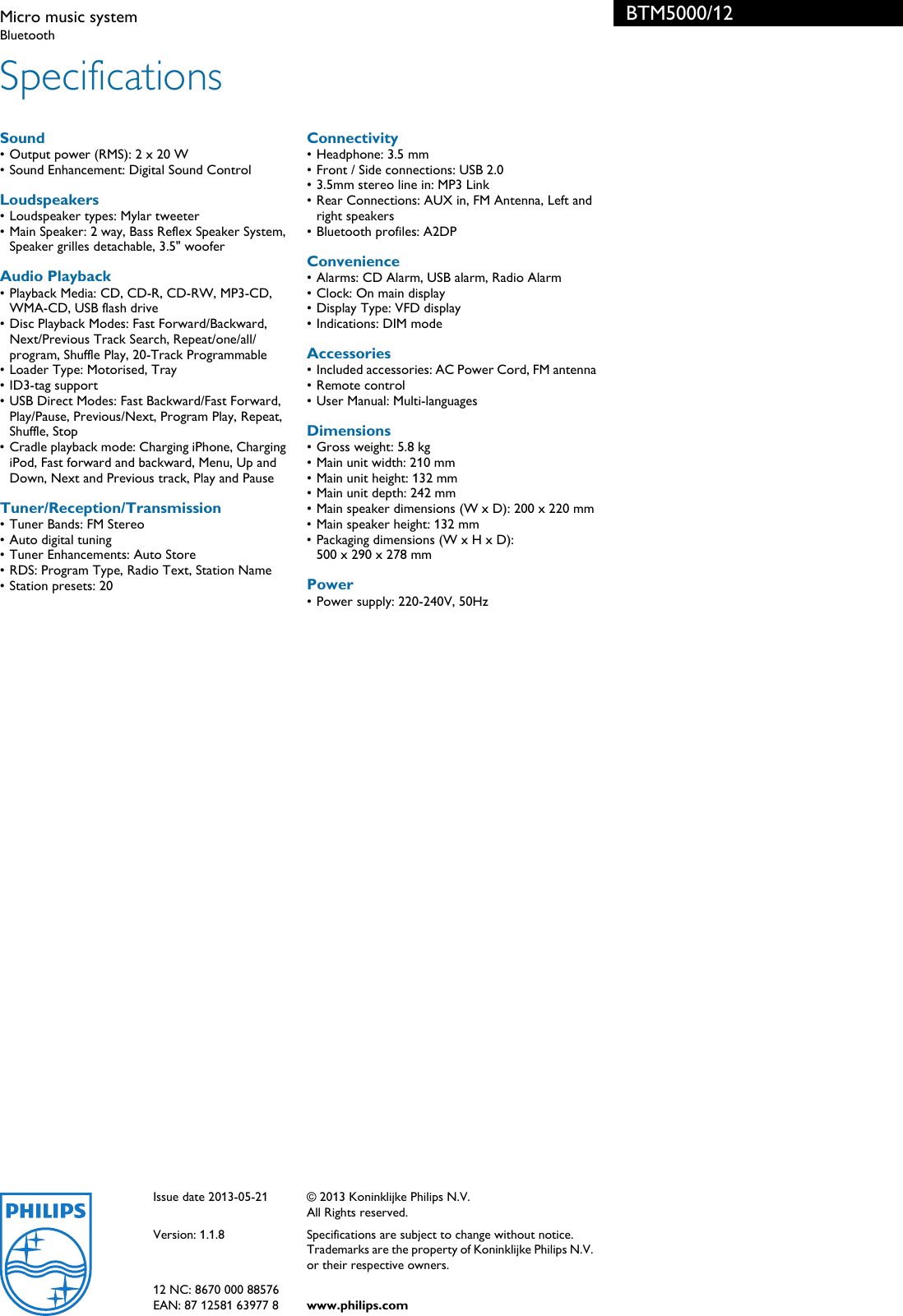 Page 3 of 3 - Philips BTM5000/12 Micro Music System Btm5000 12 Pss Aenbe