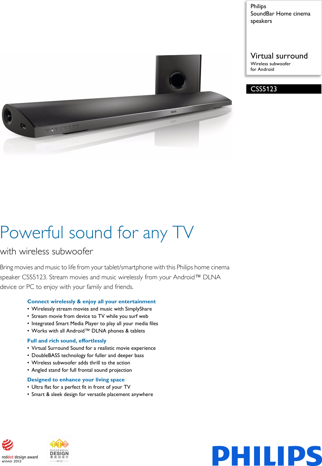 Page 1 of 3 - Philips CSS5123/12 SoundBar Home Cinema Speakers Sound Bar Css5123 12 Pss Engmy