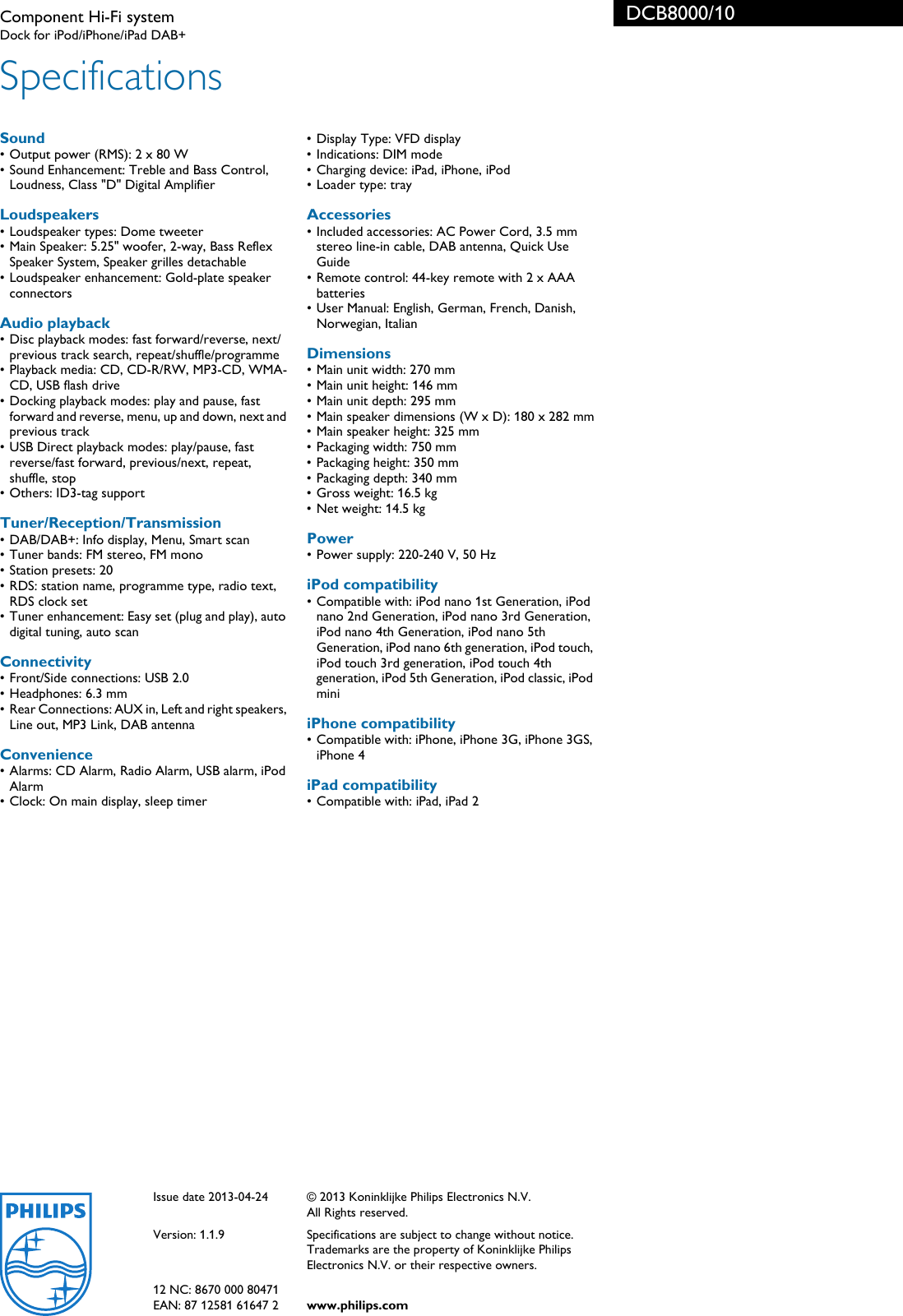 Page 3 of 3 - Philips DCB8000/10 Component Hi-Fi System Leaflet Dcb8000 10 Pss Engie