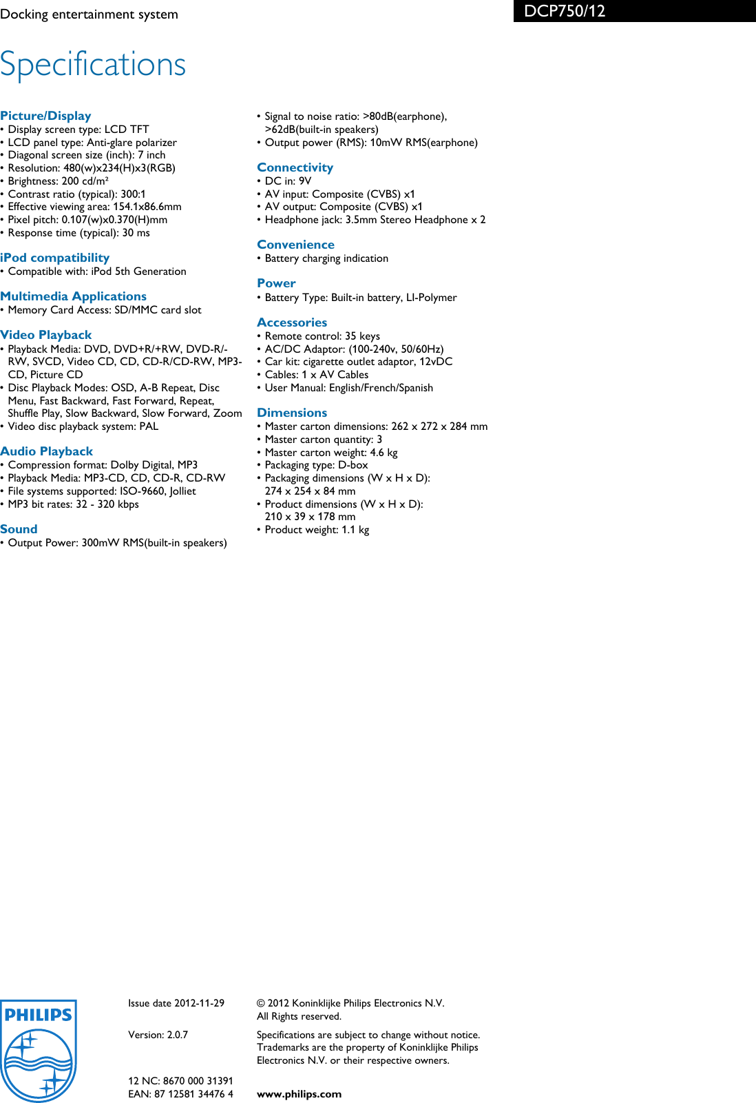 Page 3 of 3 - Philips DCP750/12 Docking Entertainment System Dcp750 12 Pss Aenau