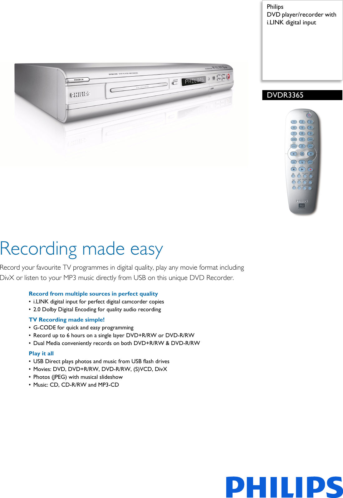 Page 1 of 2 - Philips DVDR3365/75 DVD Player/recorder With I.LINK Digital Input Leaflet Dvdr3365 75 Pss