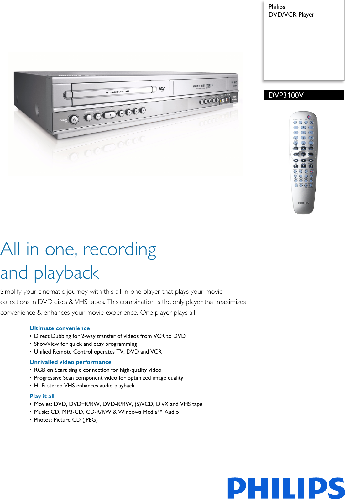 Page 1 of 3 - Philips DVP3100V/01 DVD/VCR Player Leaflet Dvp3100v 01 Pss