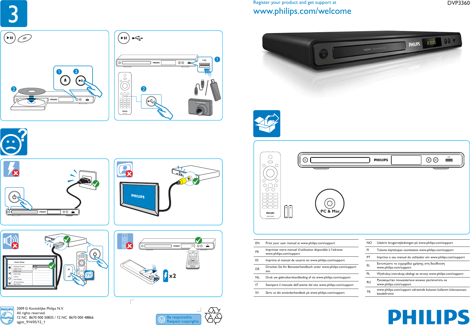 Page 1 of 2 - Philips Dvp3360_eu_qsg1 Dvp3360 12 Qsg Swe