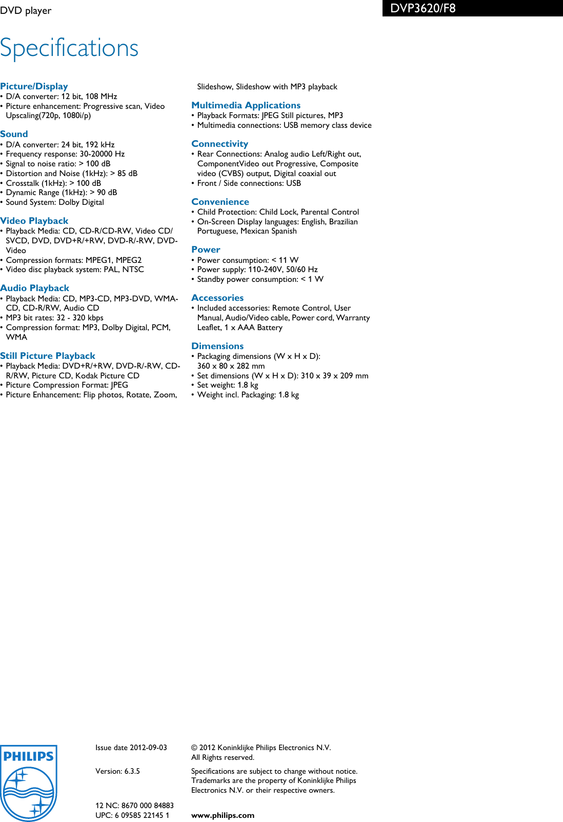 Page 3 of 3 - Philips DVP3620/F8 DVD Player Dvp3620 F8 Pss Aenmx