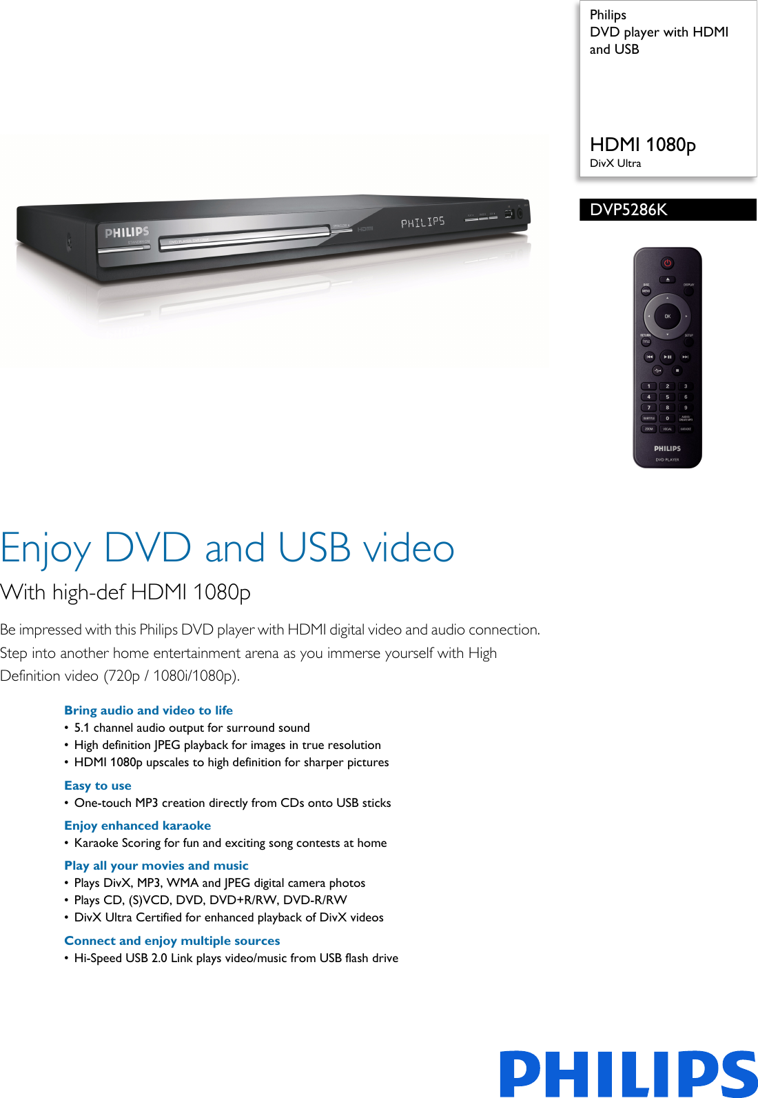 Philips Dvp5286k 98 Dvd Player With Hdmi And Usb Leaflet Dvp5286k 98 Pss
