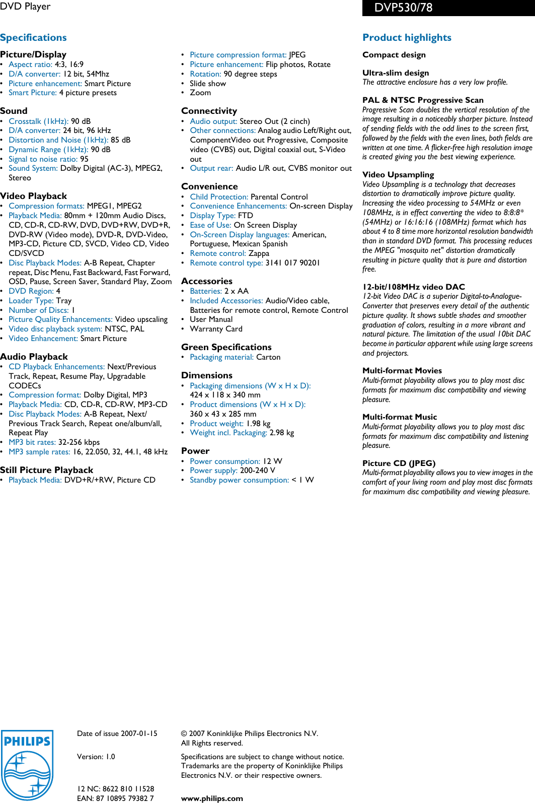 Page 2 of 2 - Philips DVP530/78 DVD Player Dvp530 78 Pss Aenec